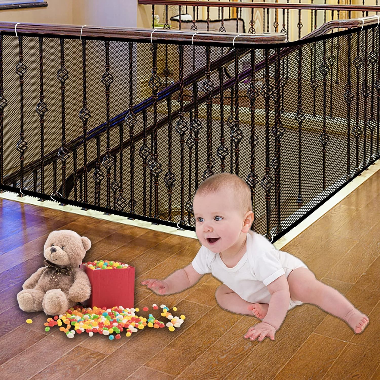 JIFTOK Baby Gate for Stairs, Banister Guard for Kids, Pets, Toys, 10ft L x 2.6 ft H, Mesh Netting Safety Net for Balcony Rail St