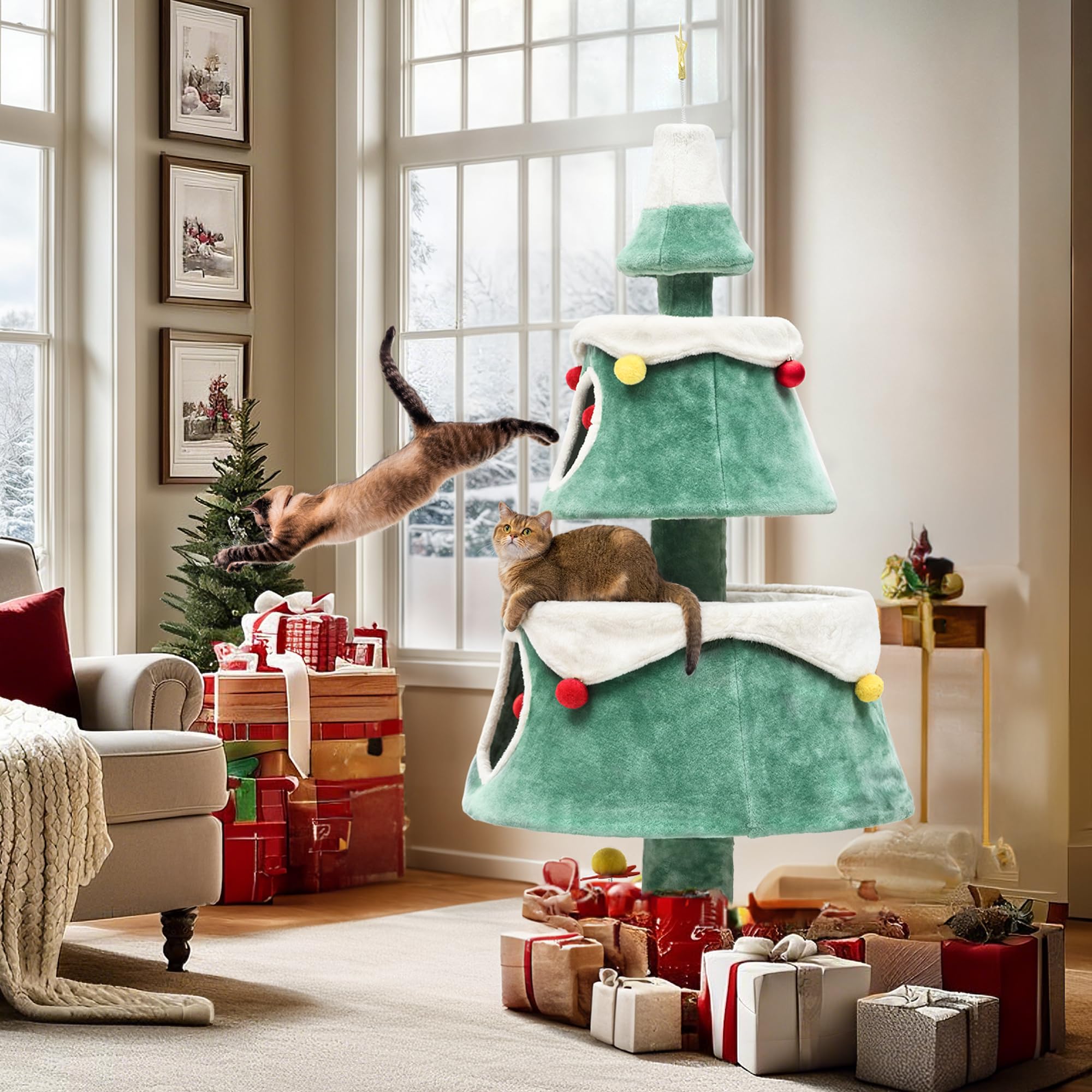 DWVO 52" Cat Tree with 2-Storey House, Green Engineered Wood, Cat Teaser, Model MADWV8Nzte, Perfect for Indoor Cats and Christmas Decor