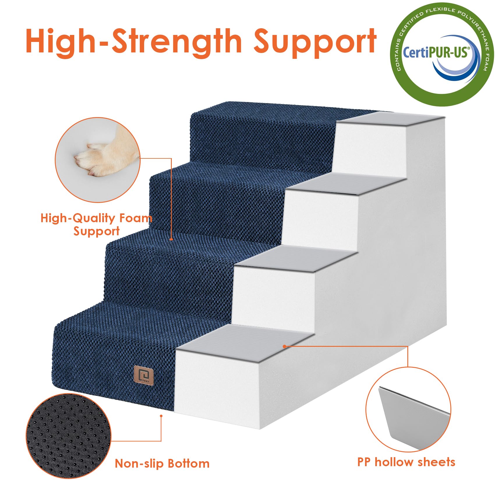 Eheyciga Dog Stairs For Bed 20”H, 4-Step Extra Wide Extra Wide Dog Steps For High Bed, Pet Steps For Small Dogs And Cats, Non-Slip Balanced Dog Indoor Ramp, Navy Blue