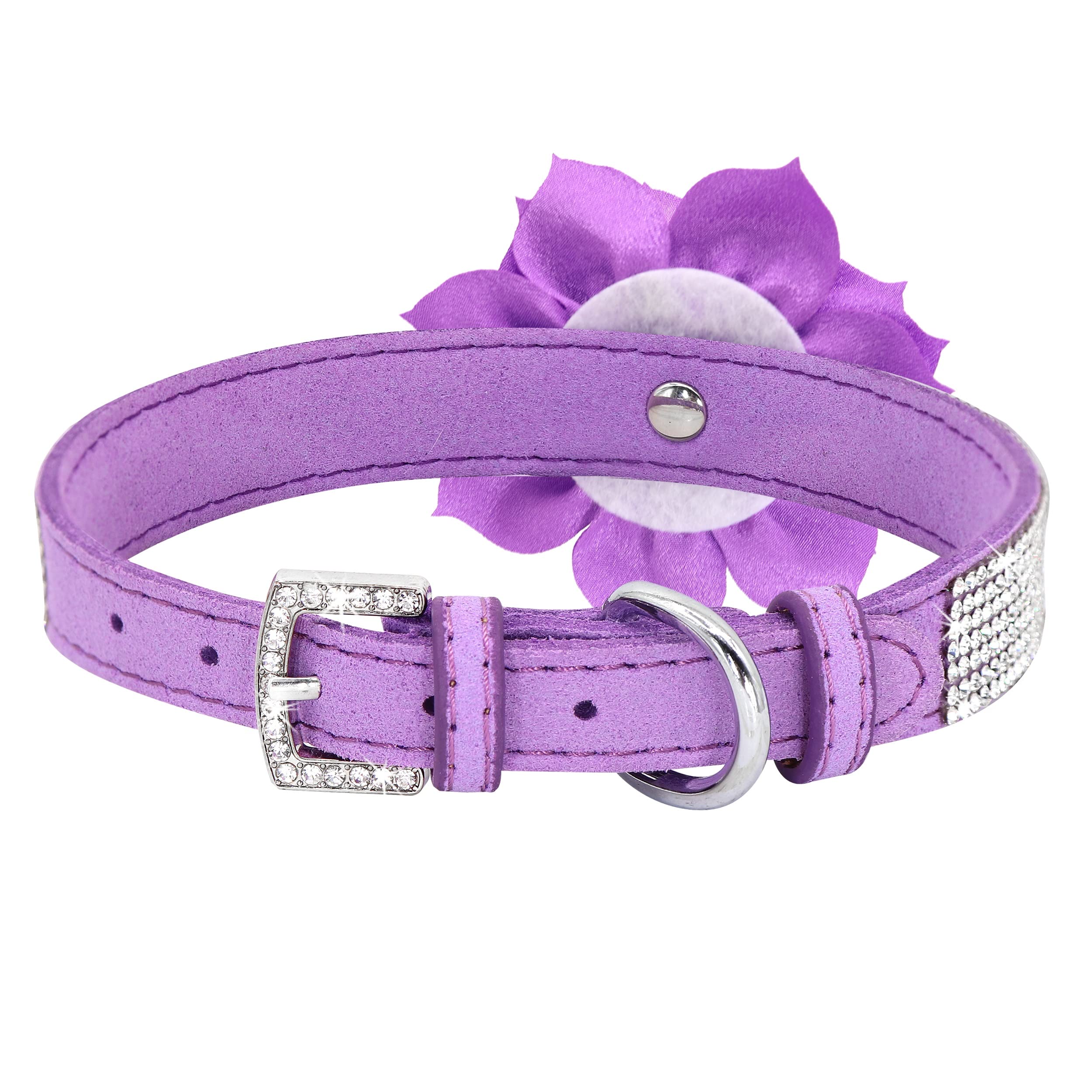 Pet Artist Cute Girl Rhinestone Suede Dog Collars For Small Dogs Cats,Soft Flower Dog Collar,Bling Dog Collars For Small Puppy Dogs Purple Collar, M:Neck 12-14.5'(31-37Cm)