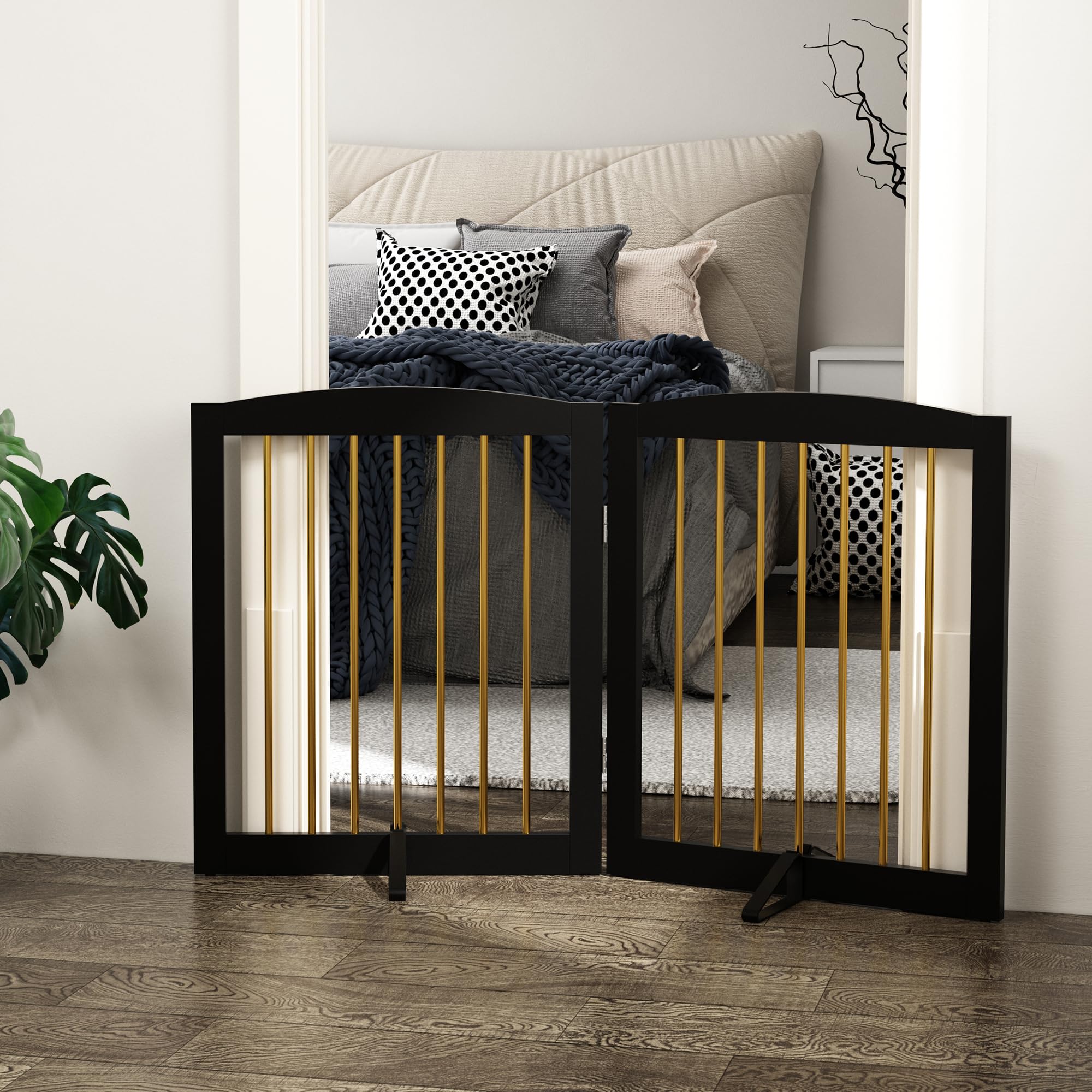 PUPETPO Freestanding Pet Gate for Dogs, Foldable Wooden Dog Gate for House, Stairs, Doorways, Step Over Pet Puppy Safety Fence,S