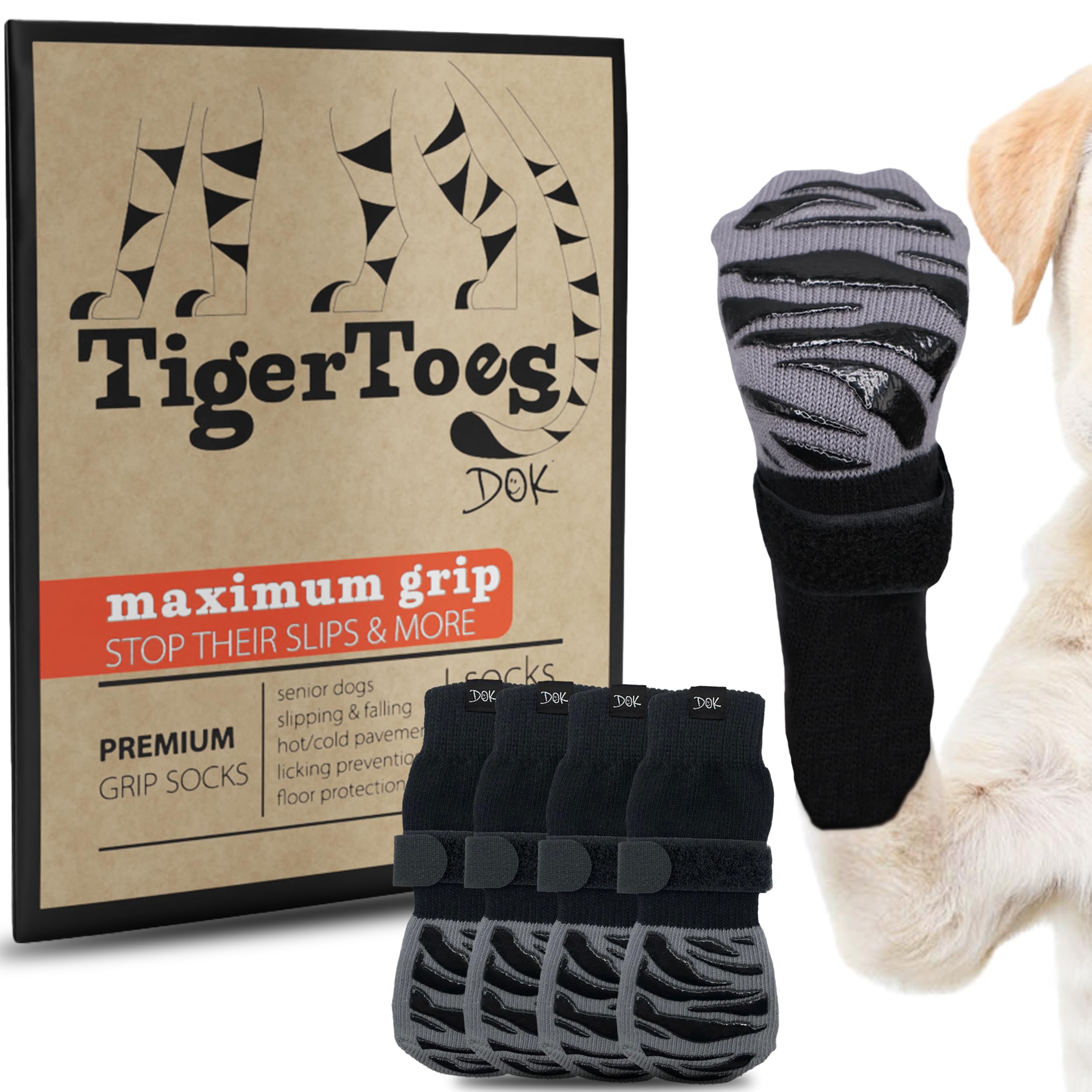 DOK TigerToes Premium NonSlip Dog Socks for Hardwood Floors  ExtraThick Grip That Works Even When Twisted  Prevents Licking,