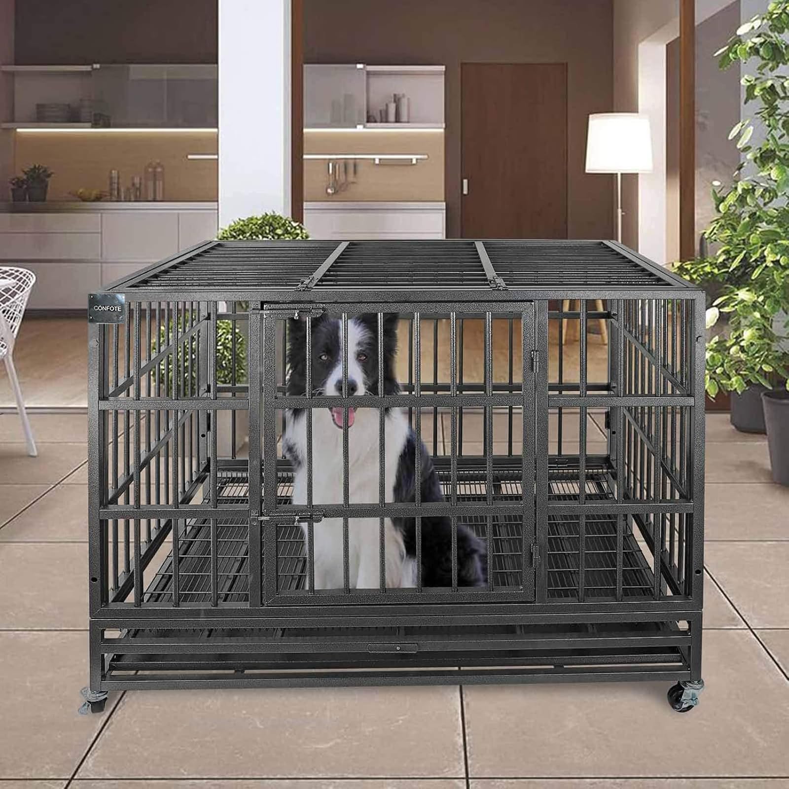 Confote 48'' Heavy Dog Duty Cage Metal Indestructible Dog Kennels Crate For Large Dogs With Double Doors & Lockable Wheels