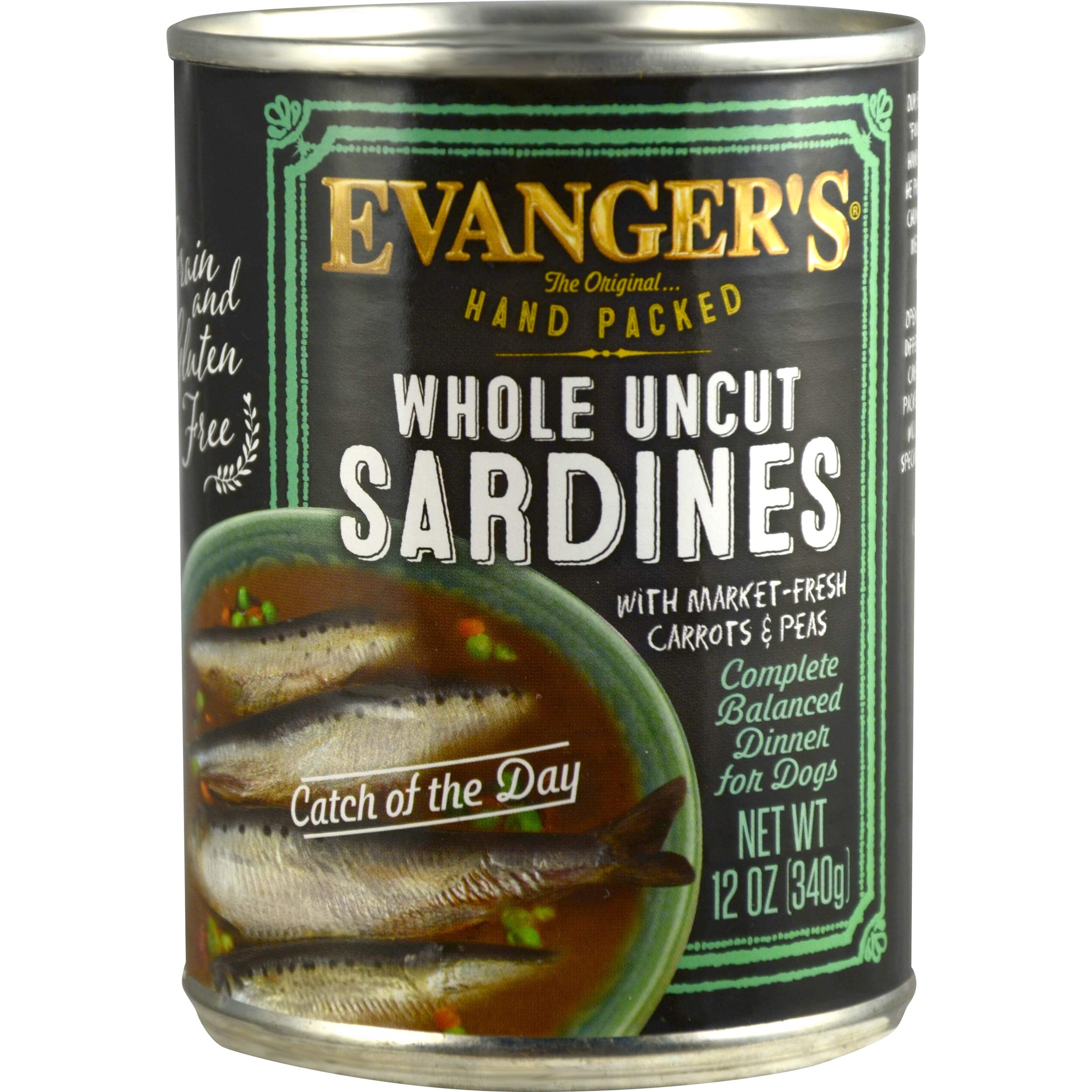 Evangers Super Catch of The Day for Dogs - 12 Count, 12 oz Each - Whole Uncut Sardines with Carrots & Peas - Grain-Free, Hand-P