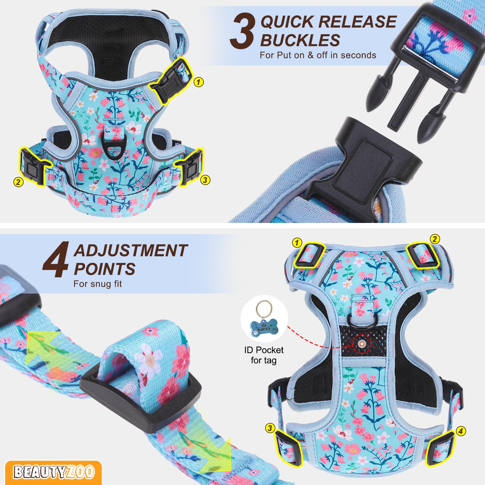 Beautyzoo No Pull Dog Harness Large,Adjustable Dog Harness And Leash Set -Easy Wearing With 3 Buckles/Control Handle,No Choke So