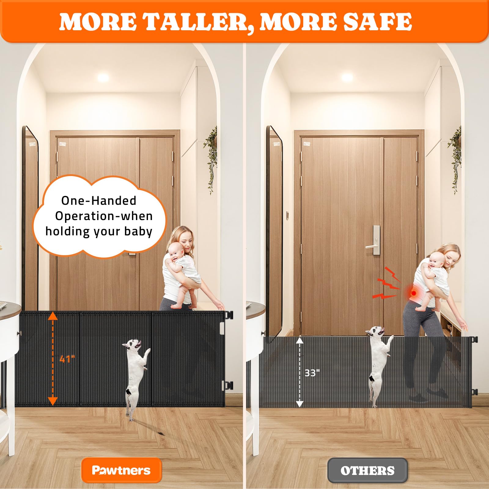 Pawtners Retractable Baby Gates Extra Wide, 41 Tall Extends up to 200 Wide, Dog Gate Indoor for Stairs, Pet Gate with Support Ro