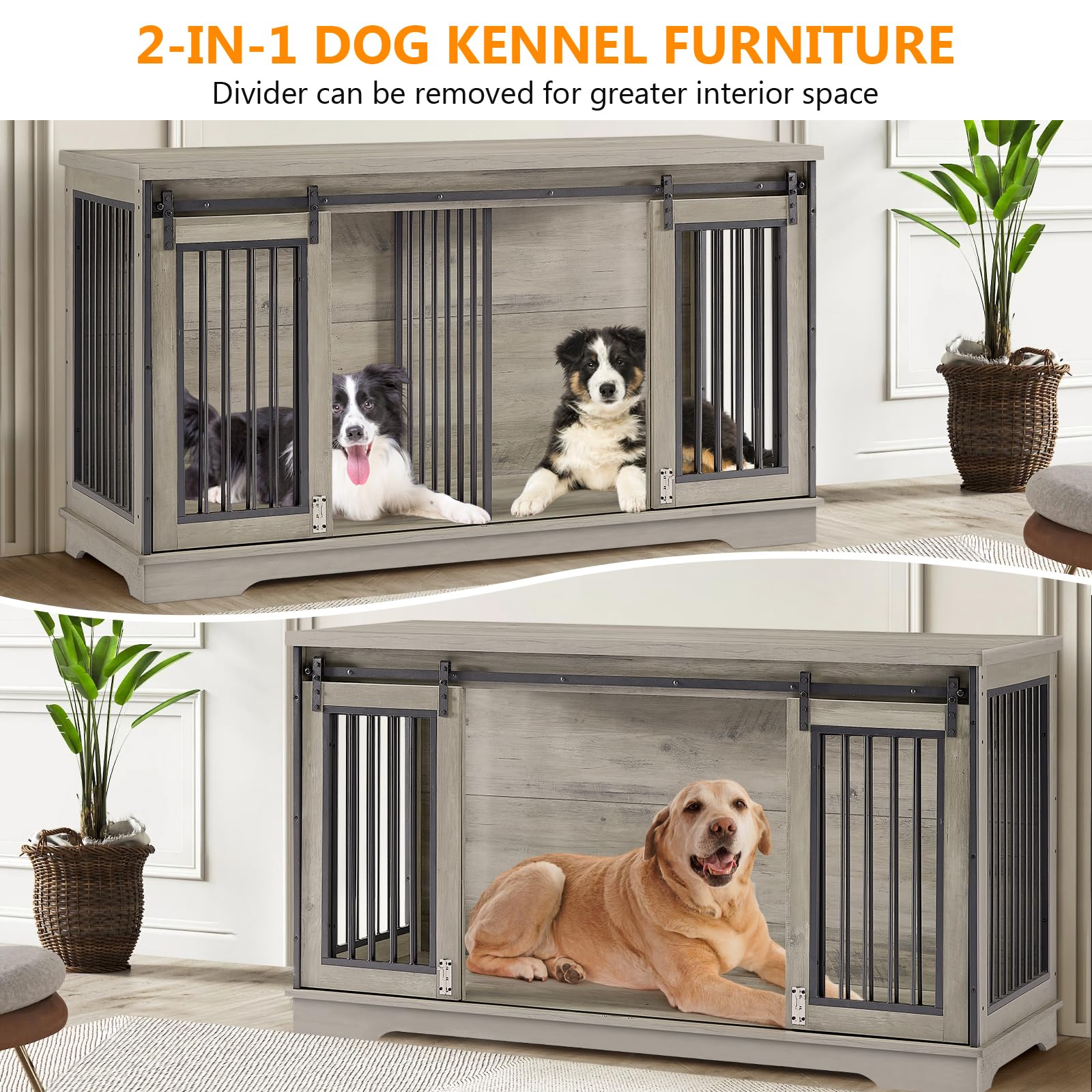 Yafylly 2-in-1 Double Dog Crate Furniture with Divider 60.6 Inch Grey Sturdy Dog Kennel TV Stand with 2 Sliding Doors and Thick