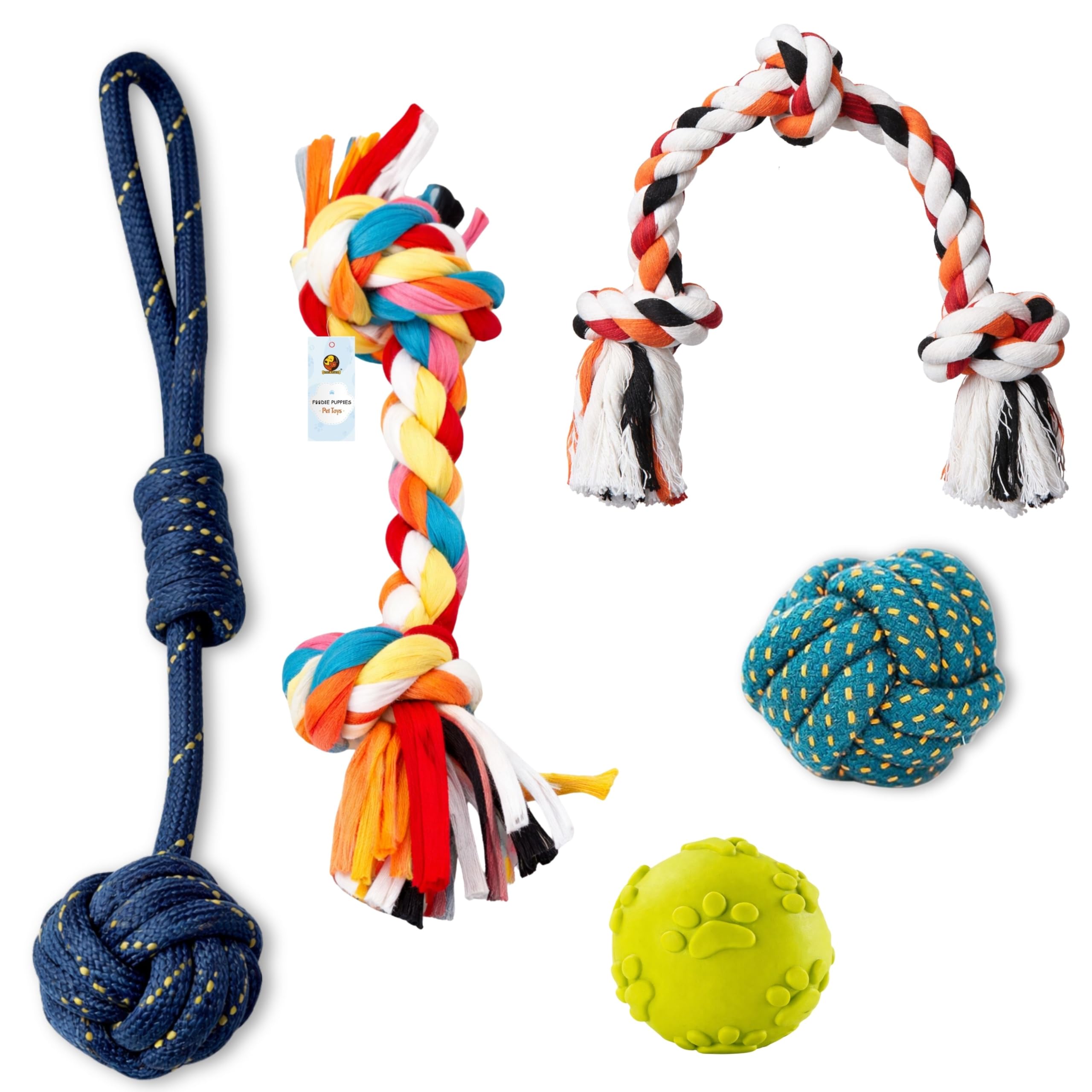 Foodie Puppies 5In1 Chew Toy Combo Includes Ropes And Squeaky Balls, Supporting Teething, Training, Chewing, Fetching, And Act