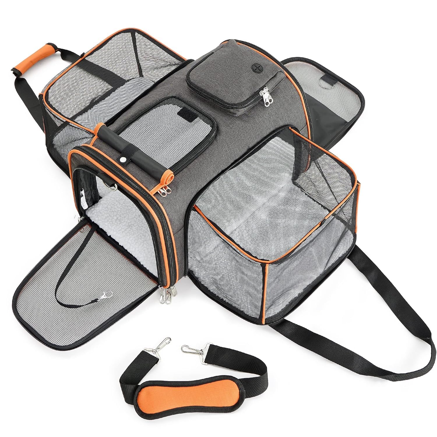 MIJILIX Expandable Transport Bag Cat Puppy 2 Side Opening Expandable Aircraft Approved Travel Friendly Foldable Soft Fleece Bed