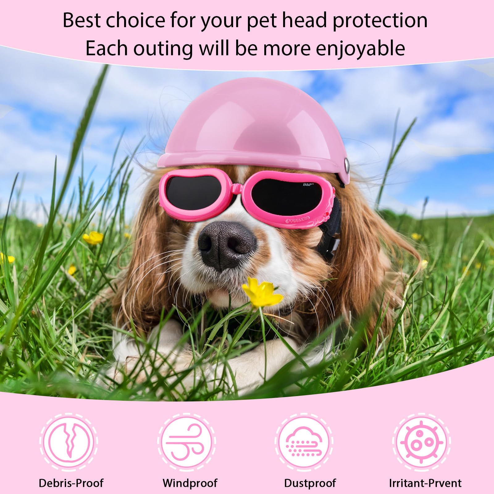 Small Dog Helmet Goggles Uv Protection Doggy Sunglasses Pet Dog Glasses Motorcycle Hard Safety Hat With Adjustable Belt Windproof Snowproof Eye Head Protection For Puppy Riding, S Size (Pink)