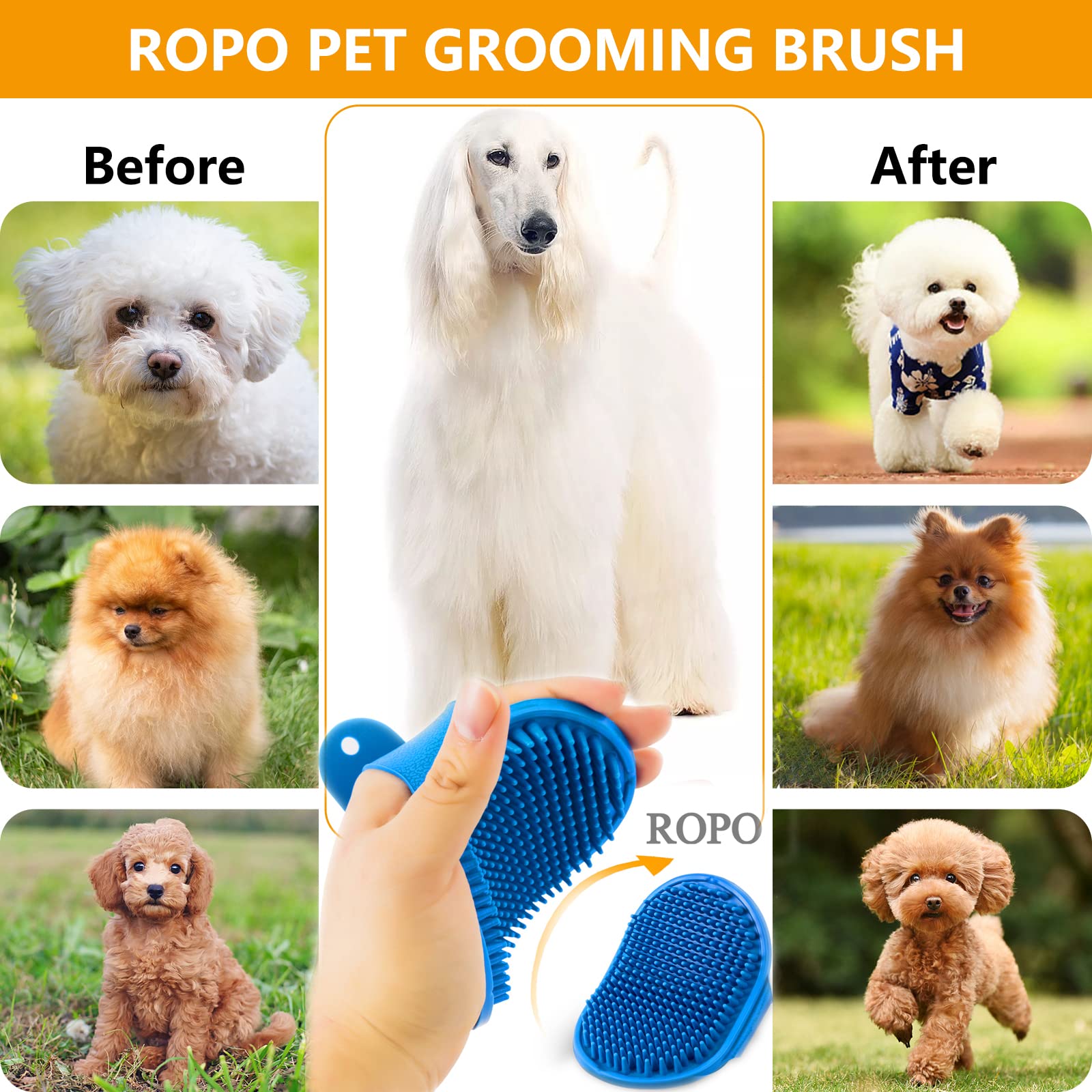 Ropo Dog Grooming Brush, Pet Shampoo Bath Brush Soothing Massage Rubber Comb With Adjustable Ring Handle For Long Short Haired Dogs And Cats 2Pcs