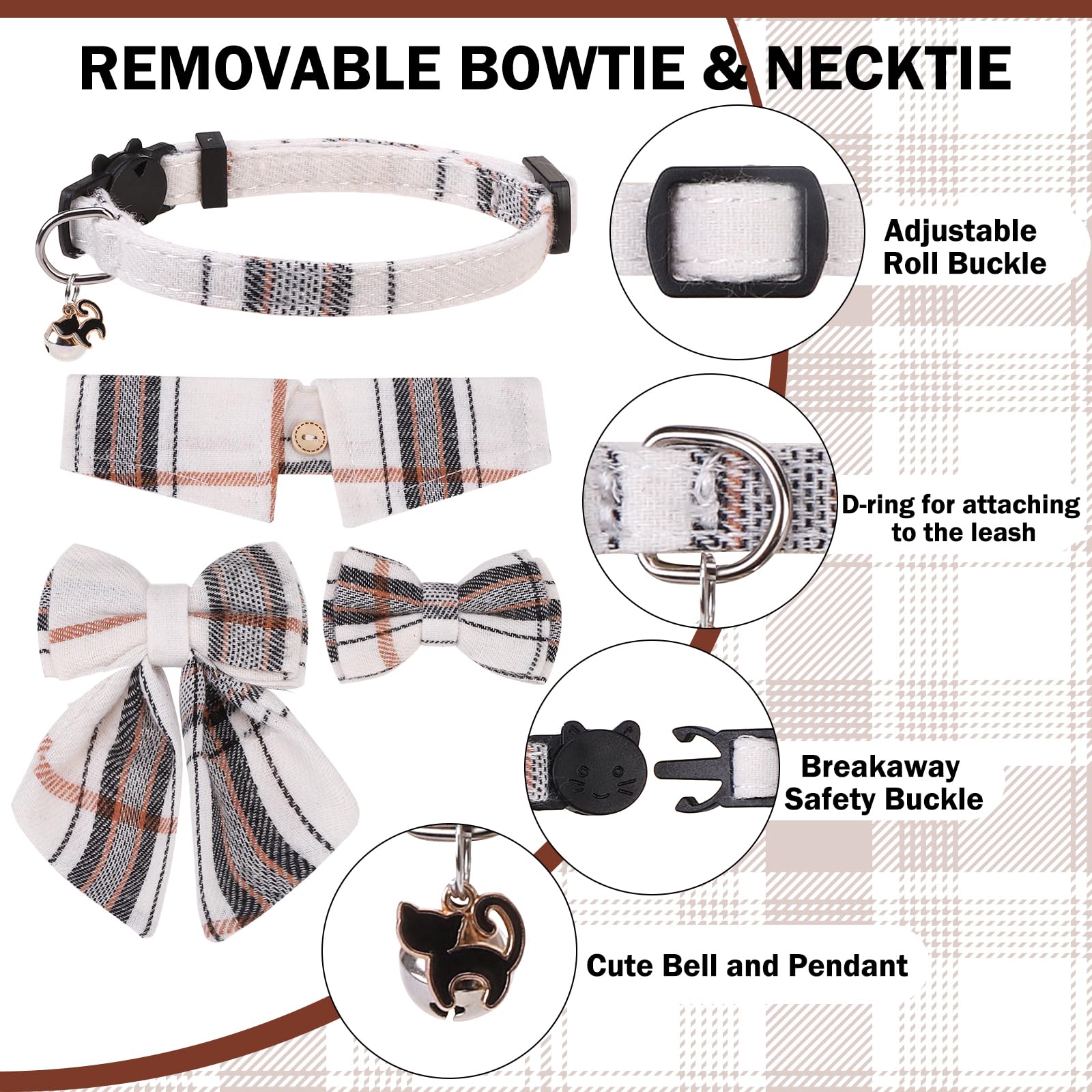 Dillybud Cat Collar With Bells Breakaway, Bowtie Cat Collar For Boy Girl Cats With Removable Shirt Collar, Cute Plaid Kitten Col