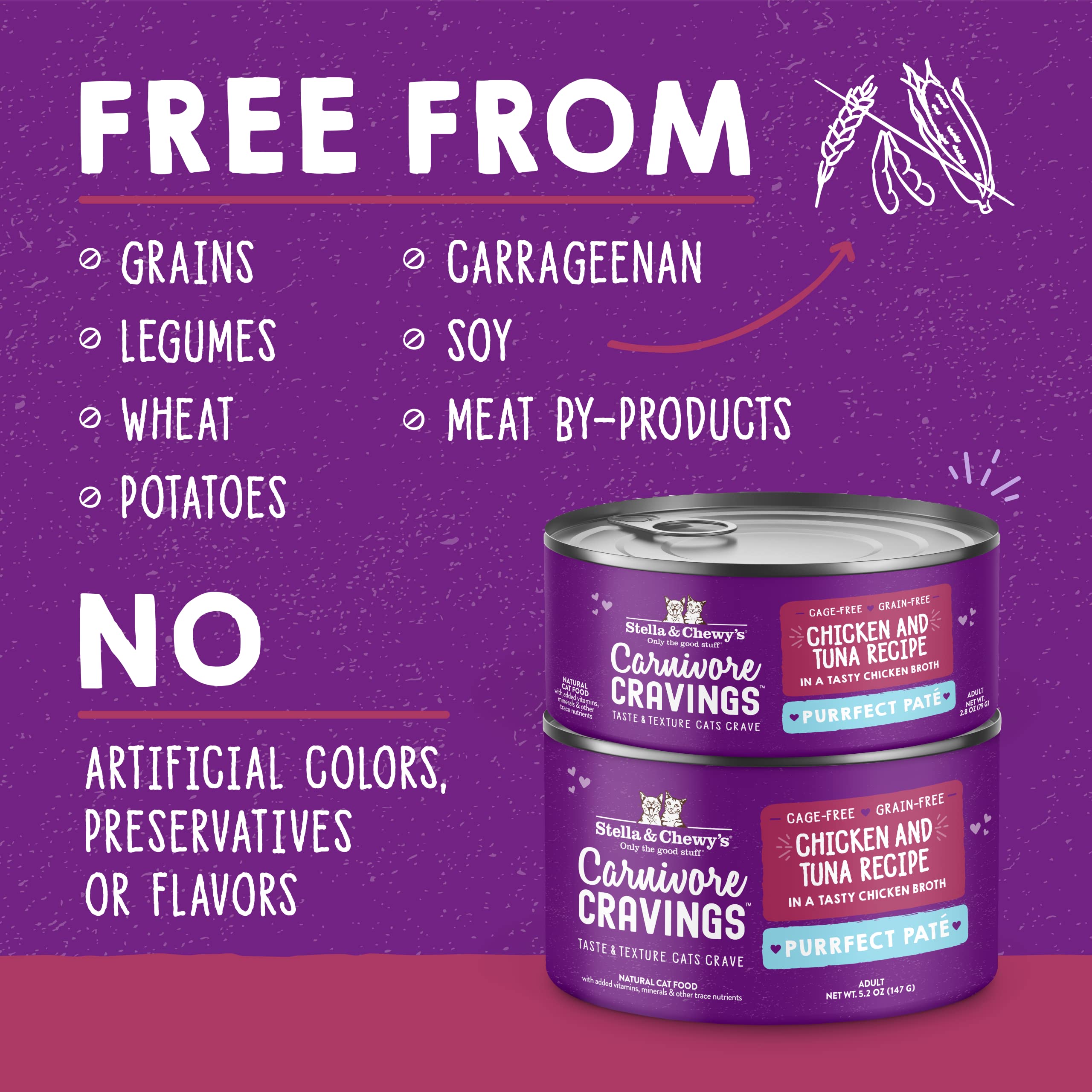 Stella & Chewys Carnivore Cravings Purrfect Pate Cans - Grain Free, Protein Rich Wet Cat Food - Chicken & Tuna Recipe - (2.8 Oun