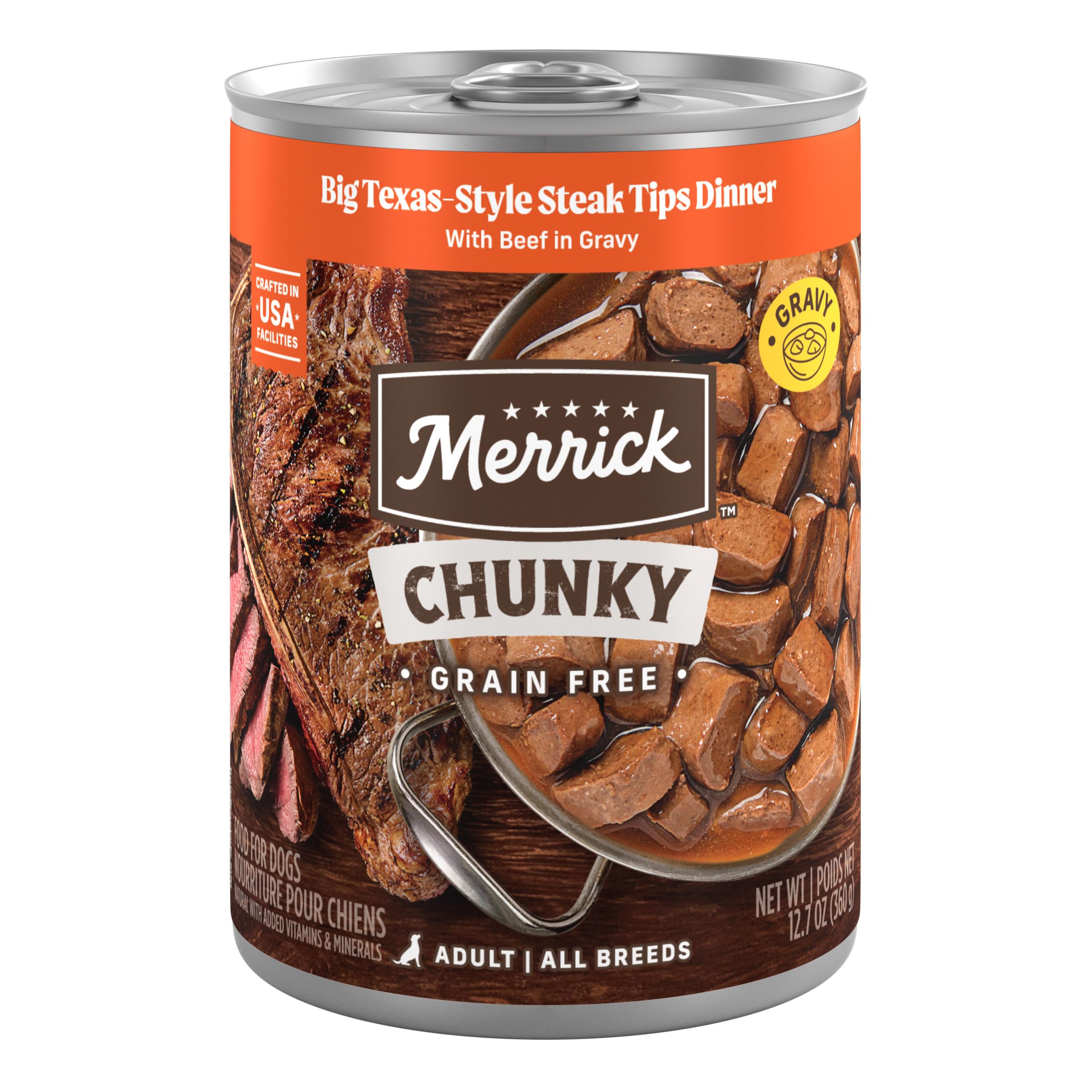 Merrick Chunky Grain Free Premium And Wholesome Canned Dog Food, Real Meat Big Texas Steak Tips Dinner - (Pack of 12) 12.7 oz. C