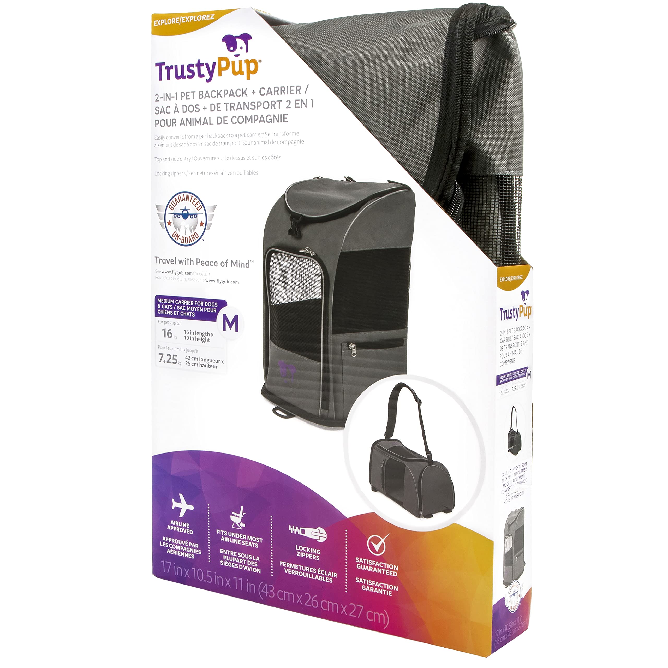 TrustyPup 2-in-1 Pet Backpack Travel Carrier, Airline Approved & Guaranteed On Board - Gray, Medium