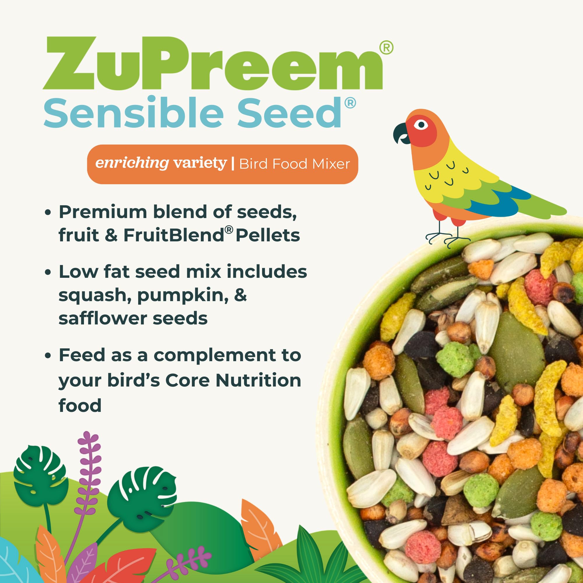 ZuPreem Sensible Seed Bird Food, Amazon, Cockatoo, Macaw, Bird Seed and Pellets Blend, ZuPreem Feed Mixer Topper, Enriching Vari