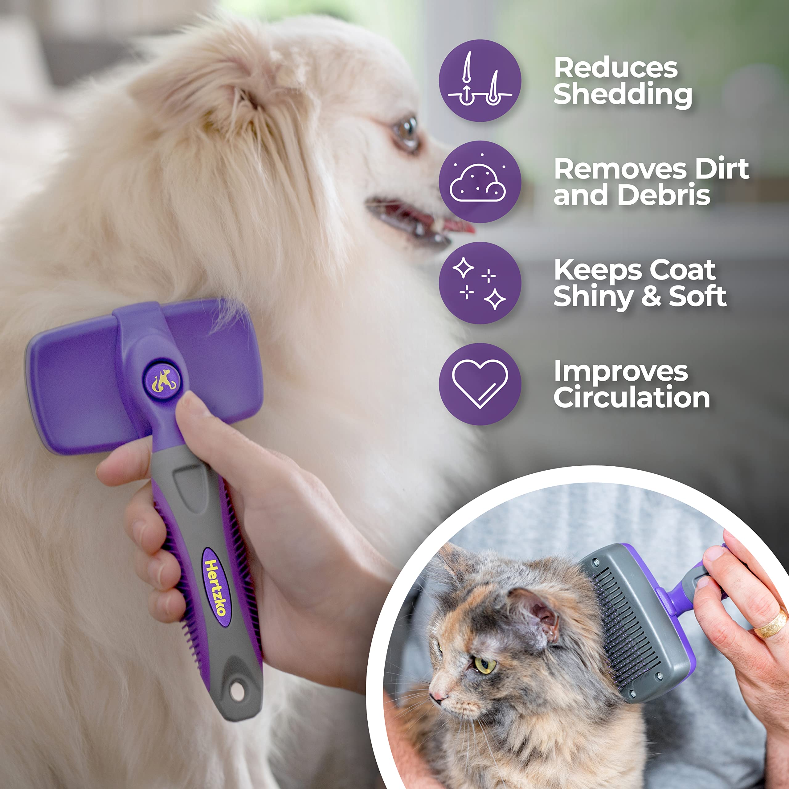 Hertzko Dog & Cat Brush, Dog Brush For Shedding, Cat & Dog Grooming, Self Cleaning Slicker Brush For Pets, Grooming Brushes For