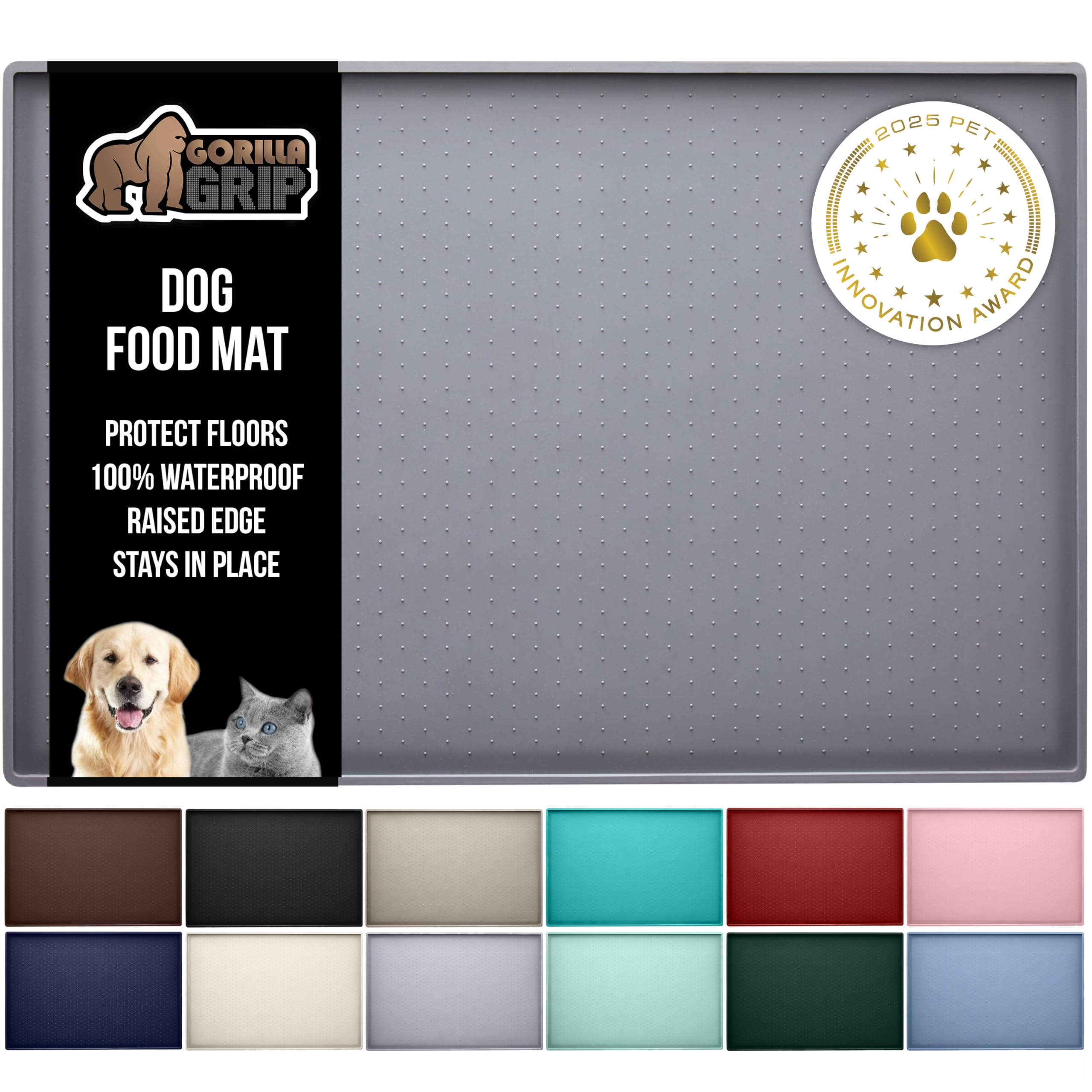 GORILLA GRIP 100% Waterproof Raised Edge BPA Free Silicone Pet Feeding Mat, Dog Cat Food Mats Contain Spills Protects Floors, Pl