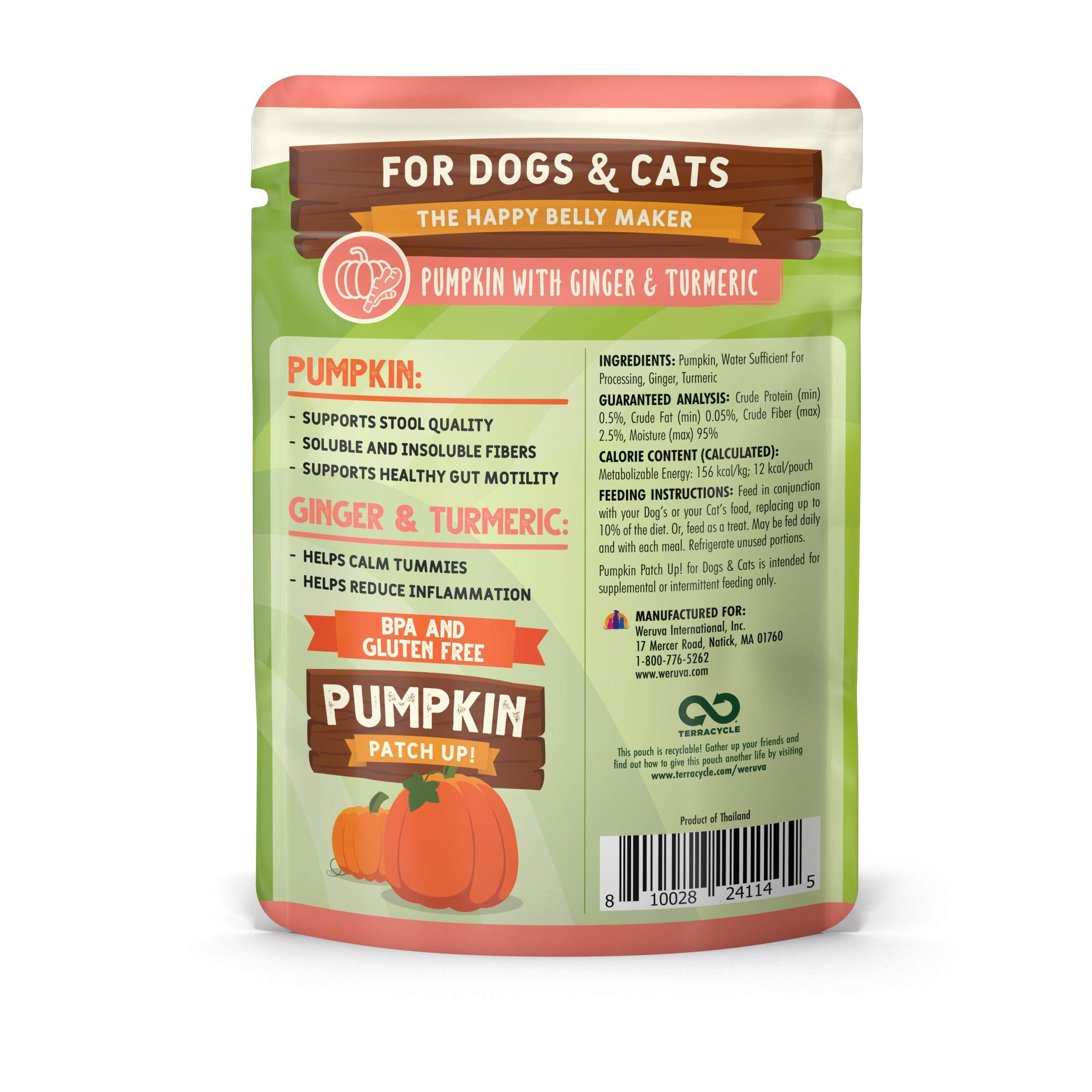 Weruva Pumpkin Patch Up!, Pumpkin with Ginger & Turmeric for Dogs & Cats, 2.8oz Pouch (Pack of 12)