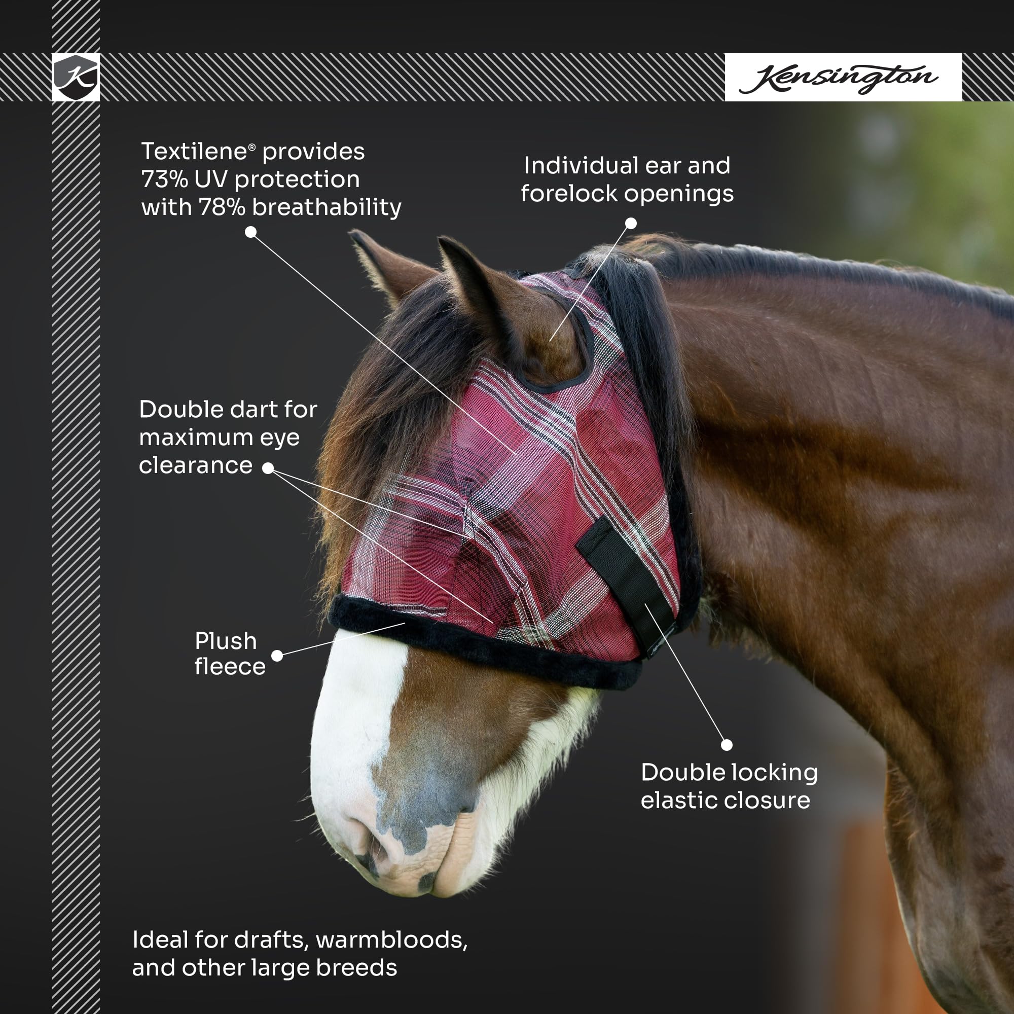 Kensington UV Fly Mask with Fleece Trim - Protective Mask with Dual Ear Opening Size: XXL Color: 2017-Lavender Mint