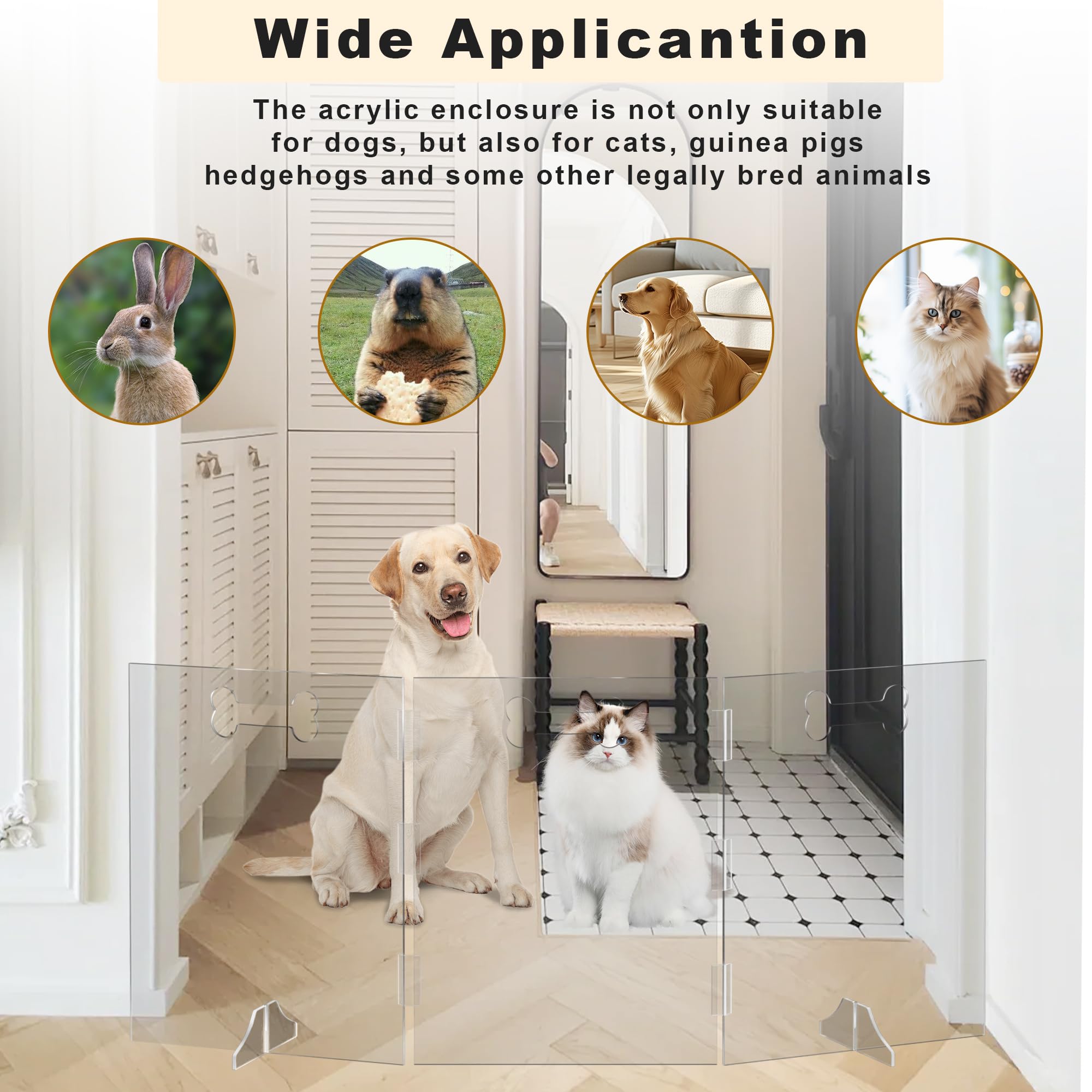 Clear Acrylic Dog Gate, 3 Panel 60' W X 24' H, Transparent Freestanding Pet Playpen Indoor, Foldable Pet Fence Barrier For Doo