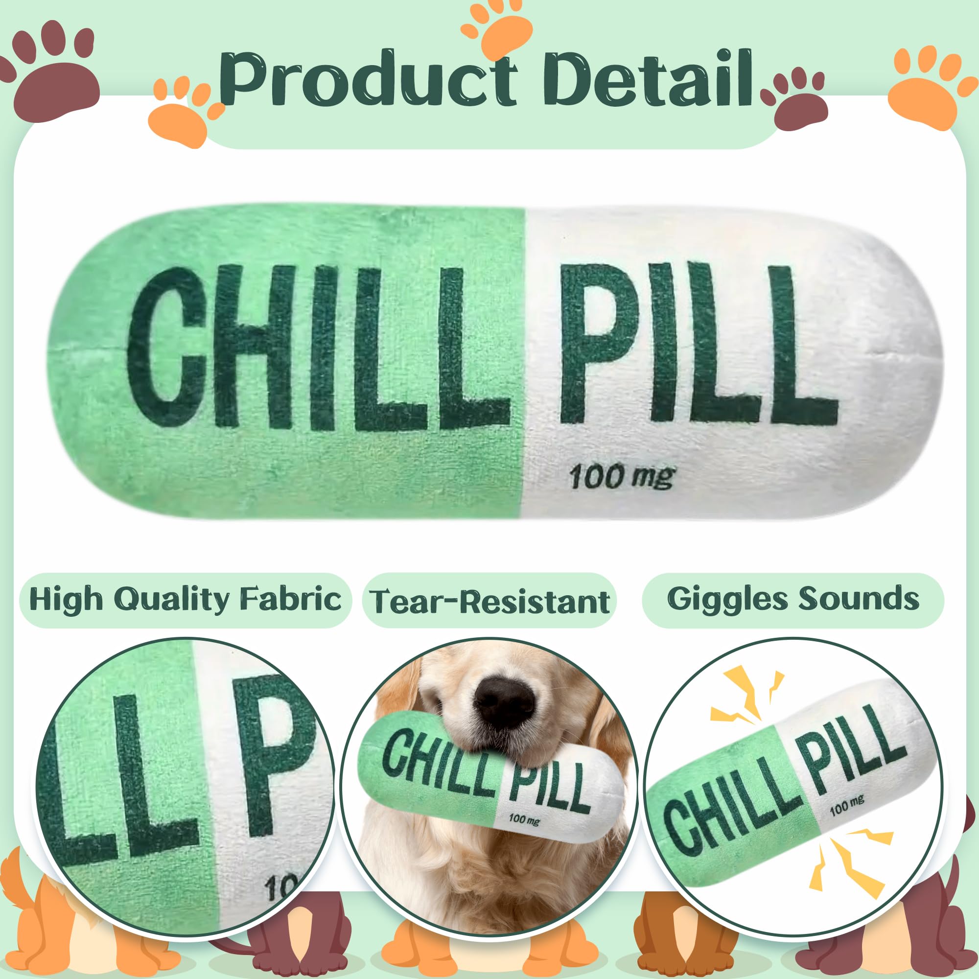 Cuweipeng Funny Dog Squeaky Toy - Green Chill Pill Capsule Shaped Teething Squeak Plush Pet Toy Bite Kick Indoor Interactive Tra