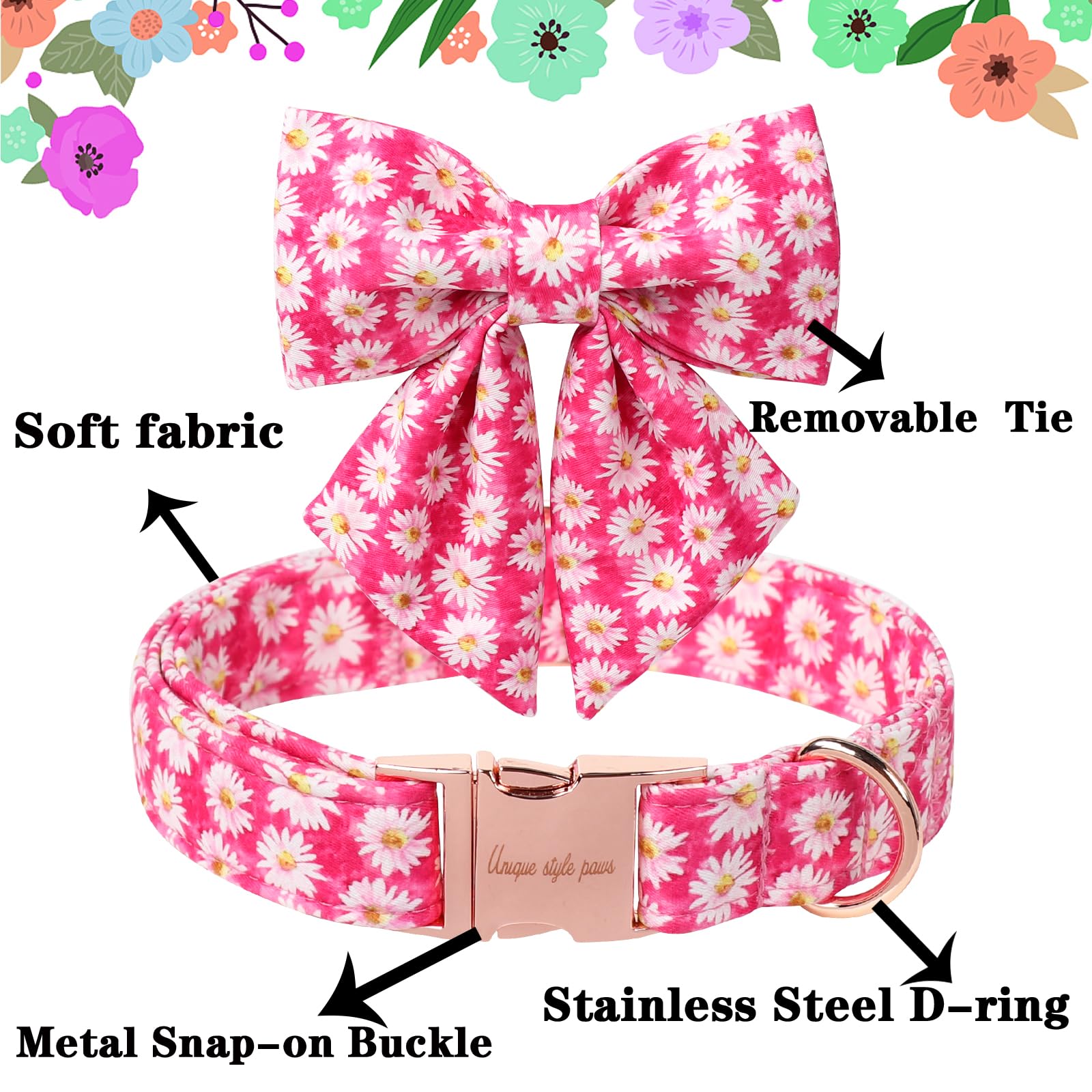 Unique Style Paws Cartoon Dog Collar With Bowtie Spring Summer Collar With Flower Rose Daisy For Small Medium Large Boys Girls D