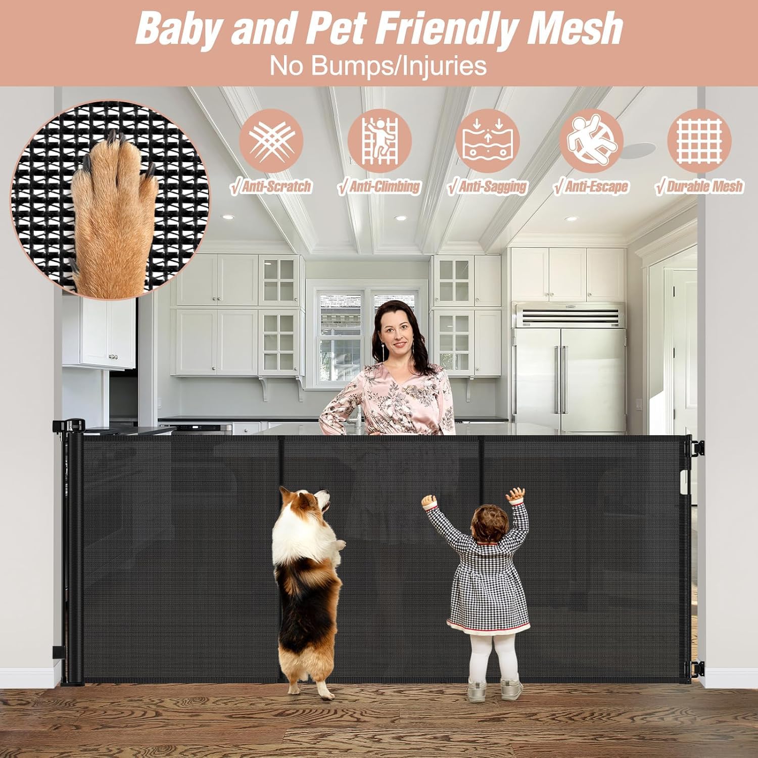 Reinforced 42 Tall x 75 Wide Retractable Baby Gate with Support Rods - Prevents Crawling Under Extra Tall Pet Gate Indoor Mesh G