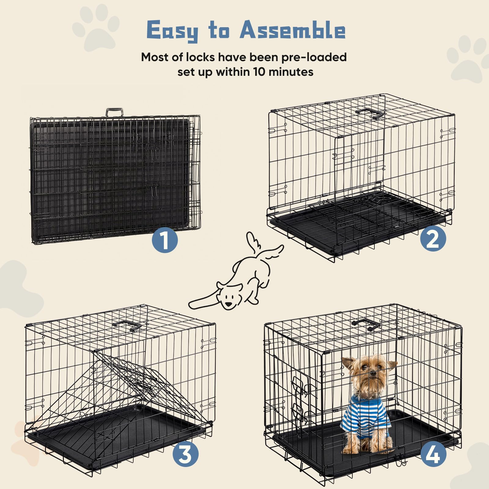 DUMOS Dog Crate - 30 Inch Metal Folding Kennel with Leak-Proof Tray, Black, Indoor/Outdoor Use, Model DOGS30IN