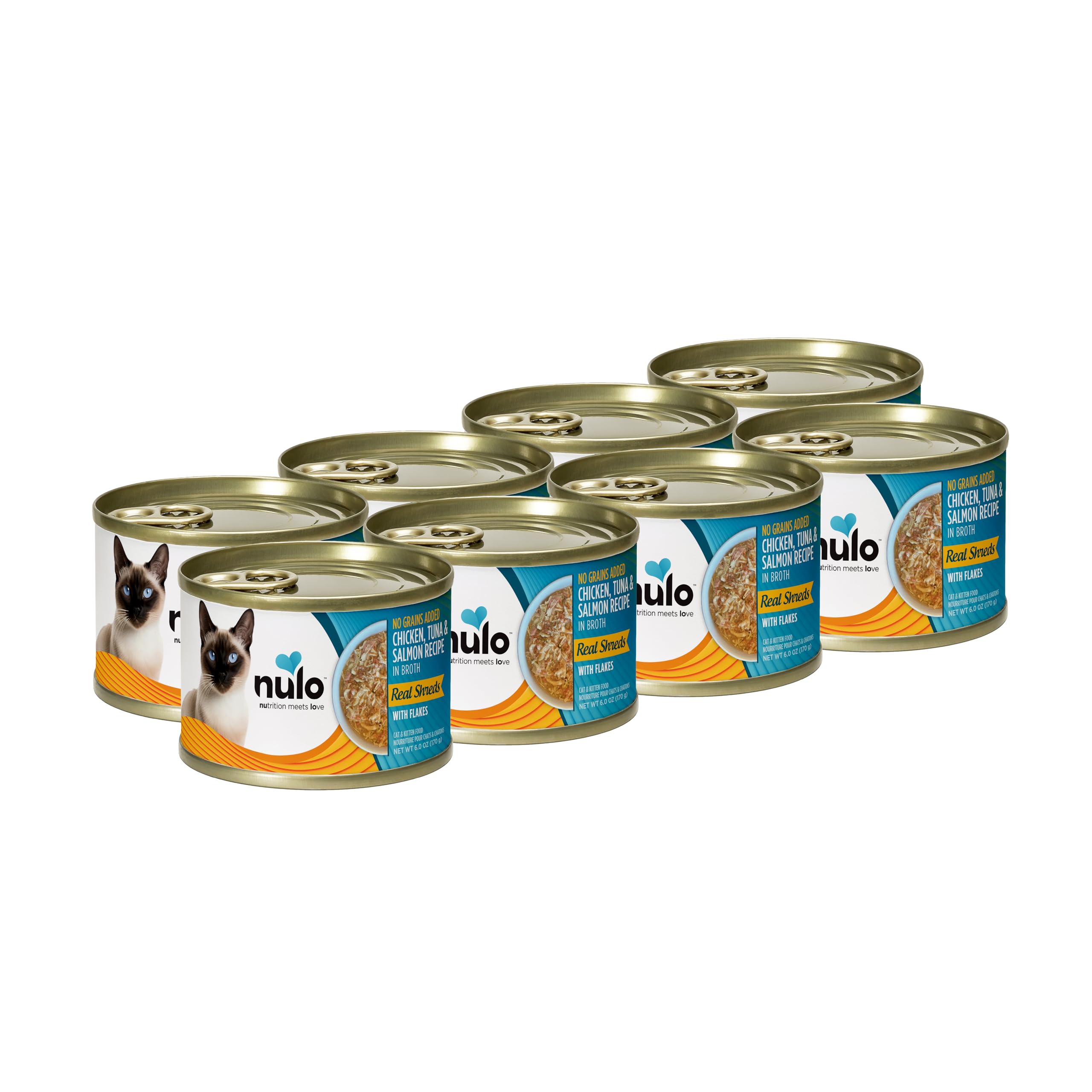 Nulo Grain-Free Real Shreds with Flakes Wet Canned Cat & Kitten Food, Chicken, Tuna, and Salmon in Broth, 6.0 Ounce, 8 Cans