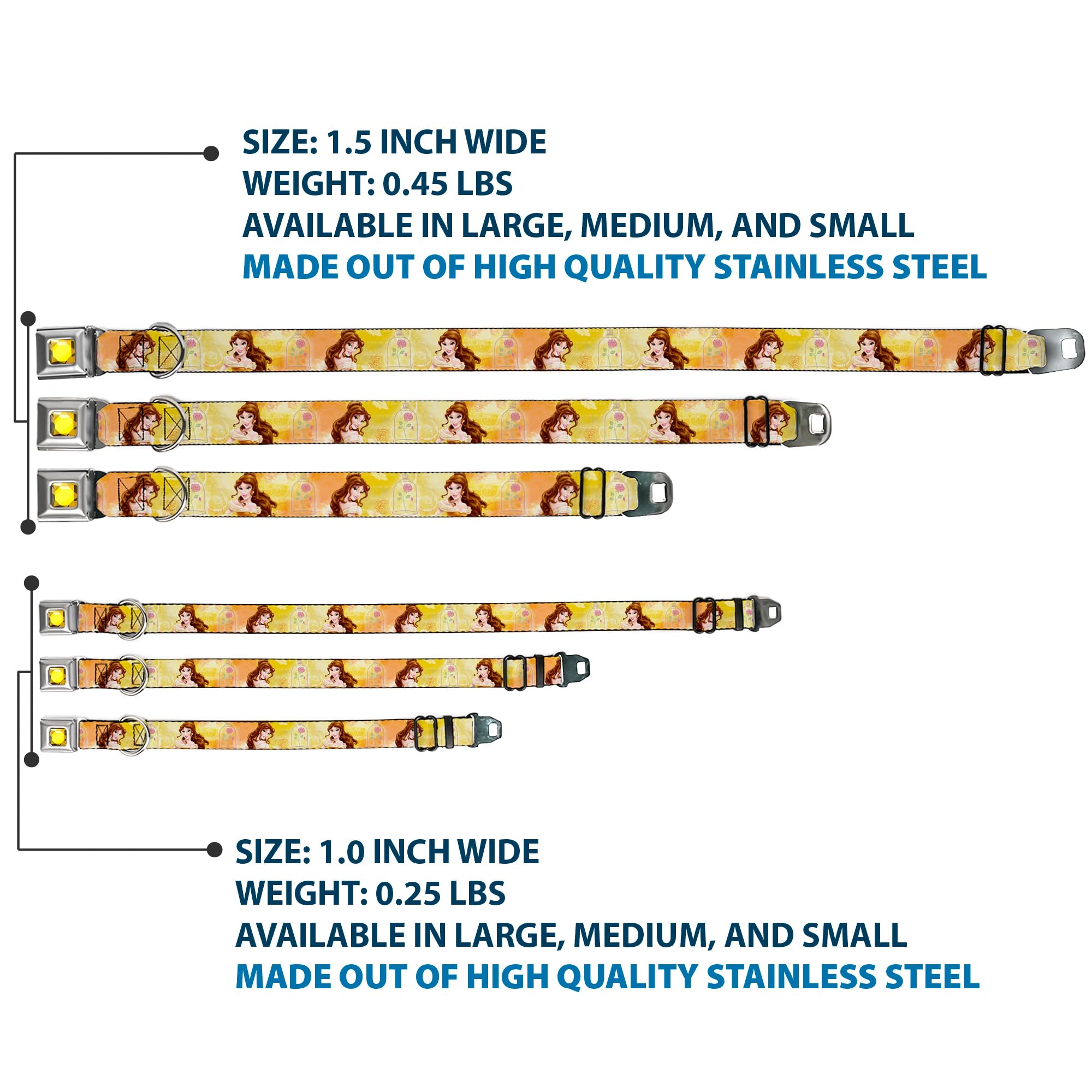 Buckle-Down Seatbelt Buckle Dog Collar - Belle Poses/Enchanted Rose/Story Script Yellow/Pinks - 1'' Wide - Fits 9-15'' Neck - Sm