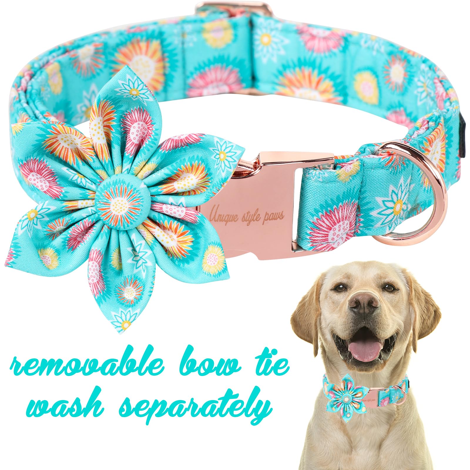 Unique Style Paws Summer Dog Collar With Floral Bow,Sunflower Bows Tie Puppy Collar, Cute Blue Dog Bow Collars For Small,Medium,