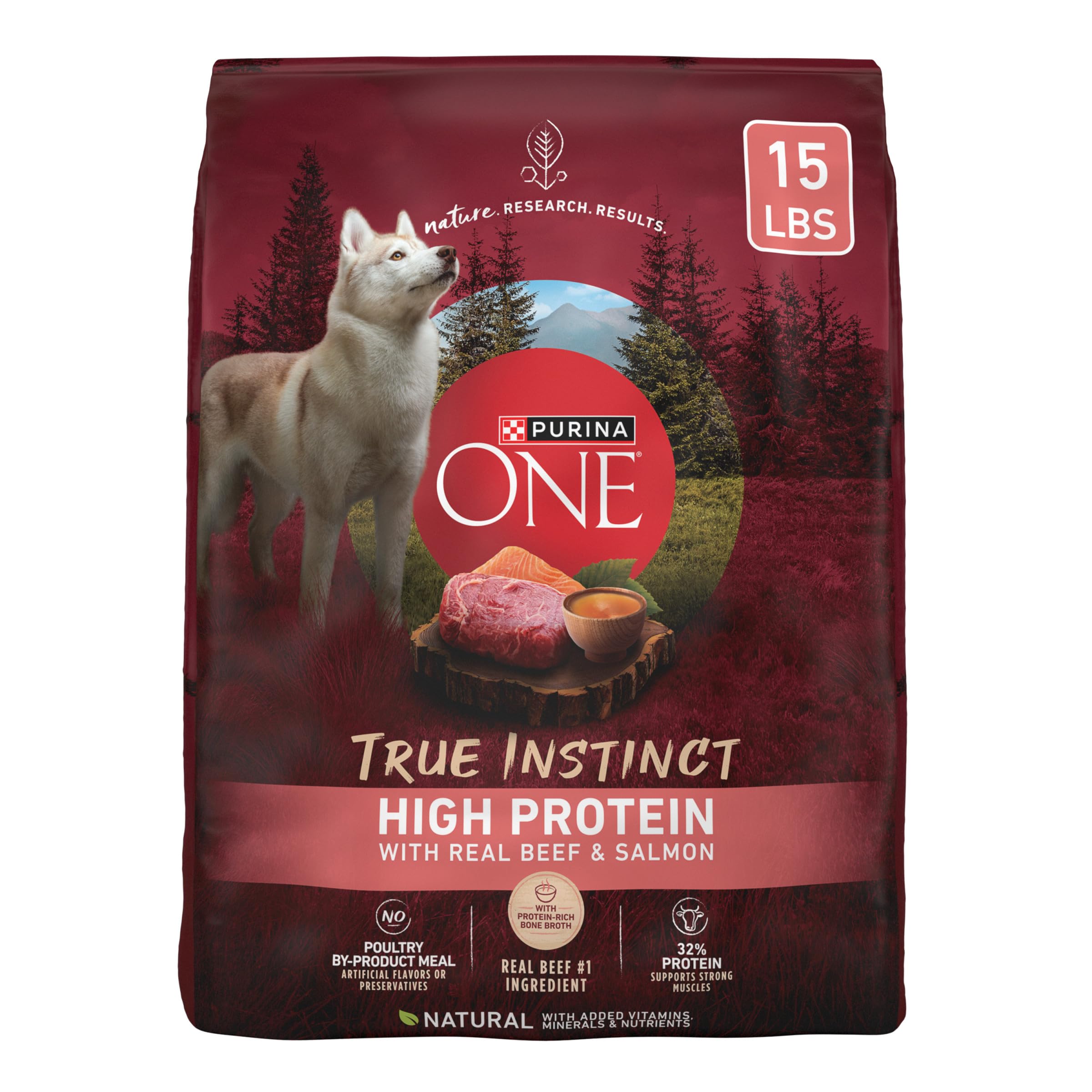 Purina ONE Natural High Protein Dry Dog Food Dry True Instinct with Real Beef and Salmon With Bone Broth and Added Vitamins, Min