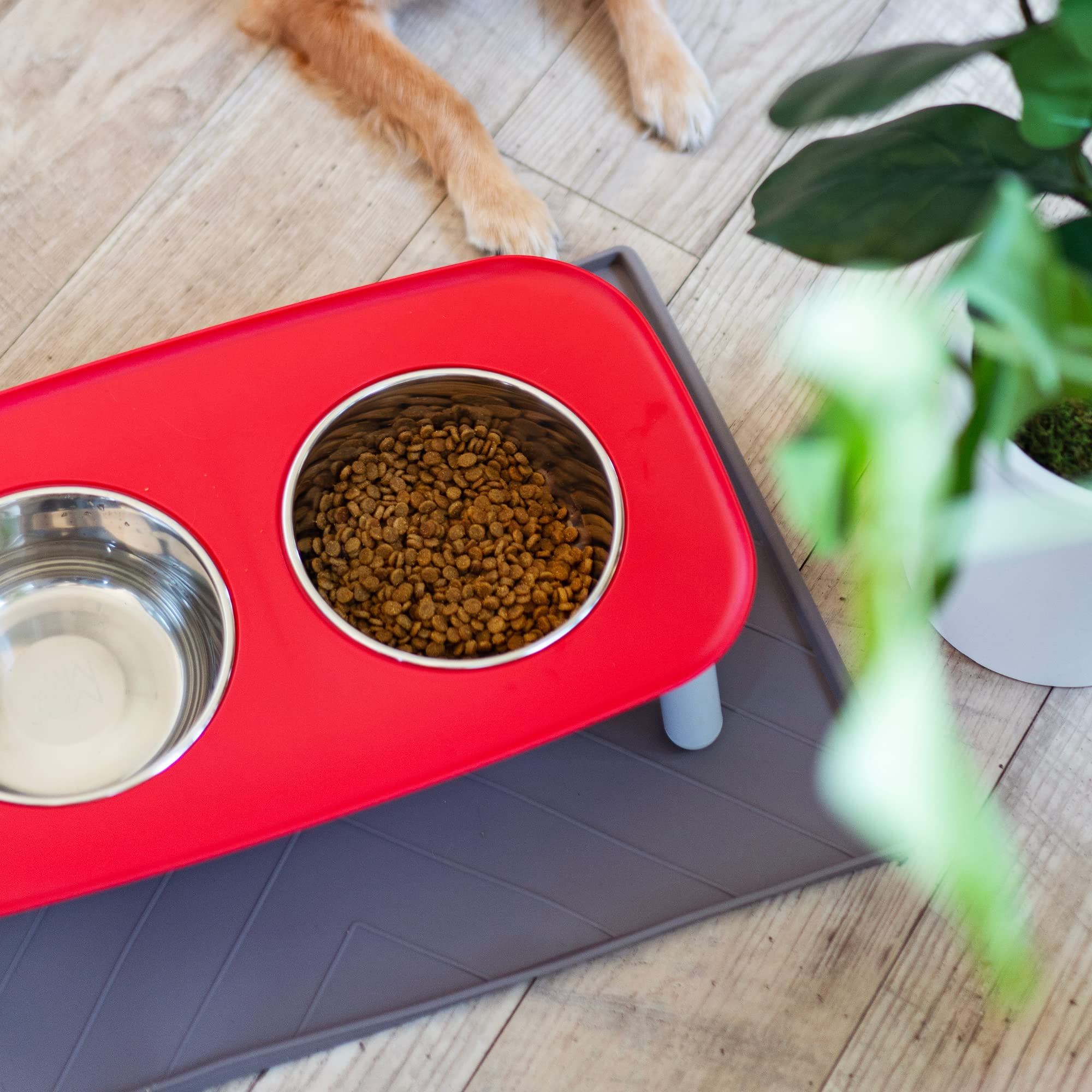 Messy Mutts Silicone Non-Slip Dog Bowl Mat With Raised Edge And Two Sides Reinforced With Metal Rods | Dog/Cat Bowl Mat With Spill-Proof Lip | Medium, 20” X 12” | Dark Grey