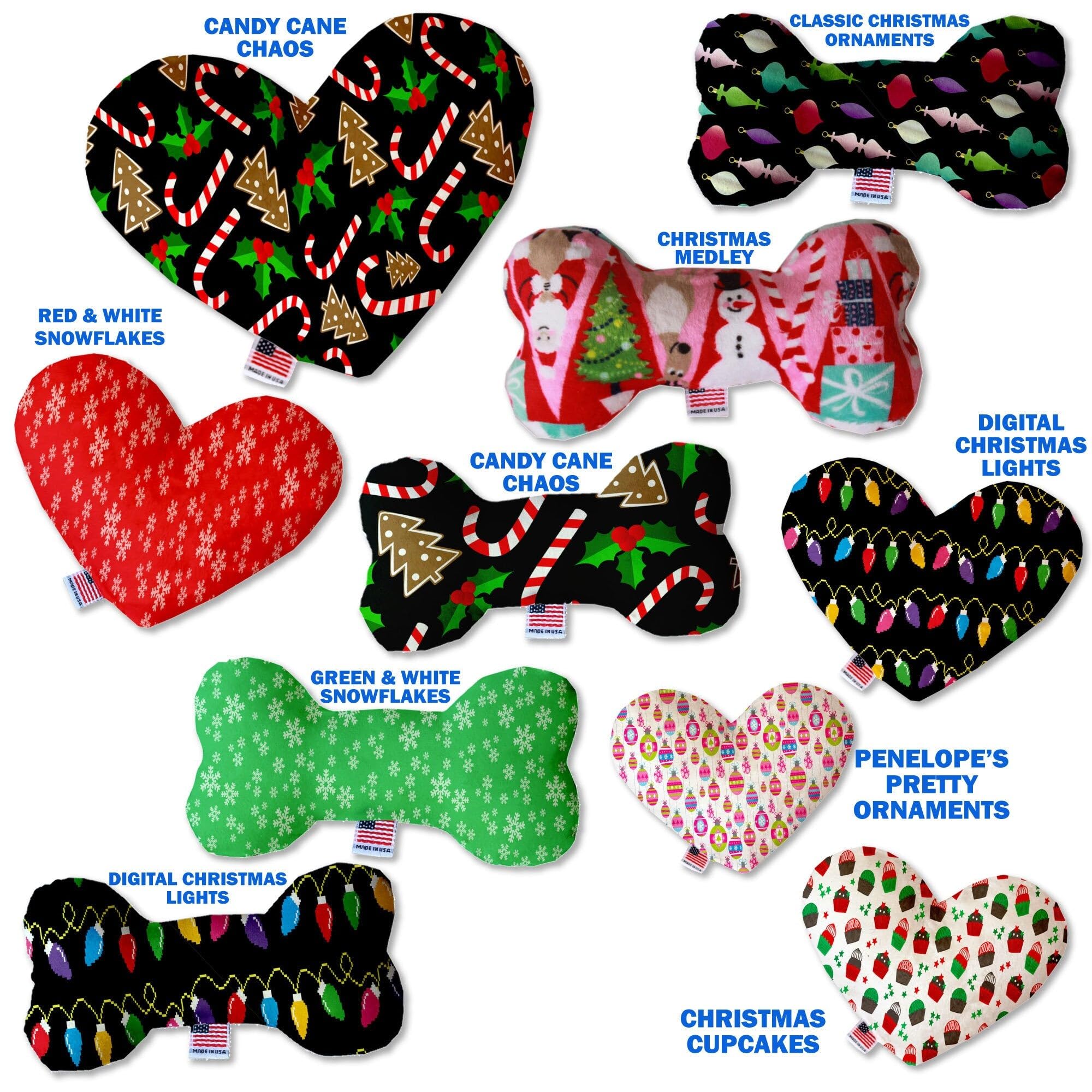 Christmas Pet and Dog Plush Heart or Bone Toy, "Candy Cane Lane Group" Penelopes Ornaments 10" Plush Bone