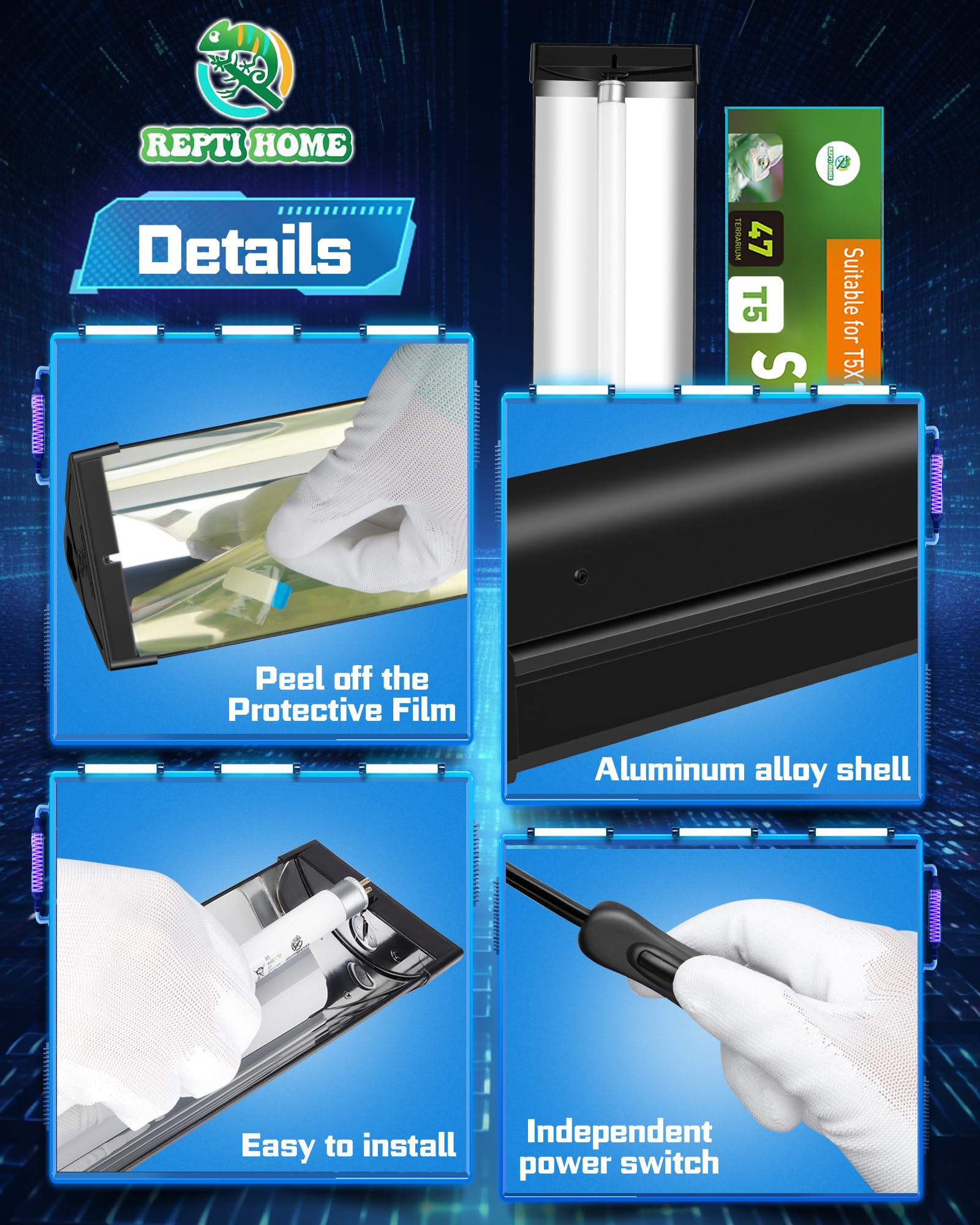 Repti Home T5 Uva Uvb Reptile Light Combo Kit(100V-250V Wide Voltage), Reptile Light Fixture With Uvb 10.0 Fluorescent Tube, 54W