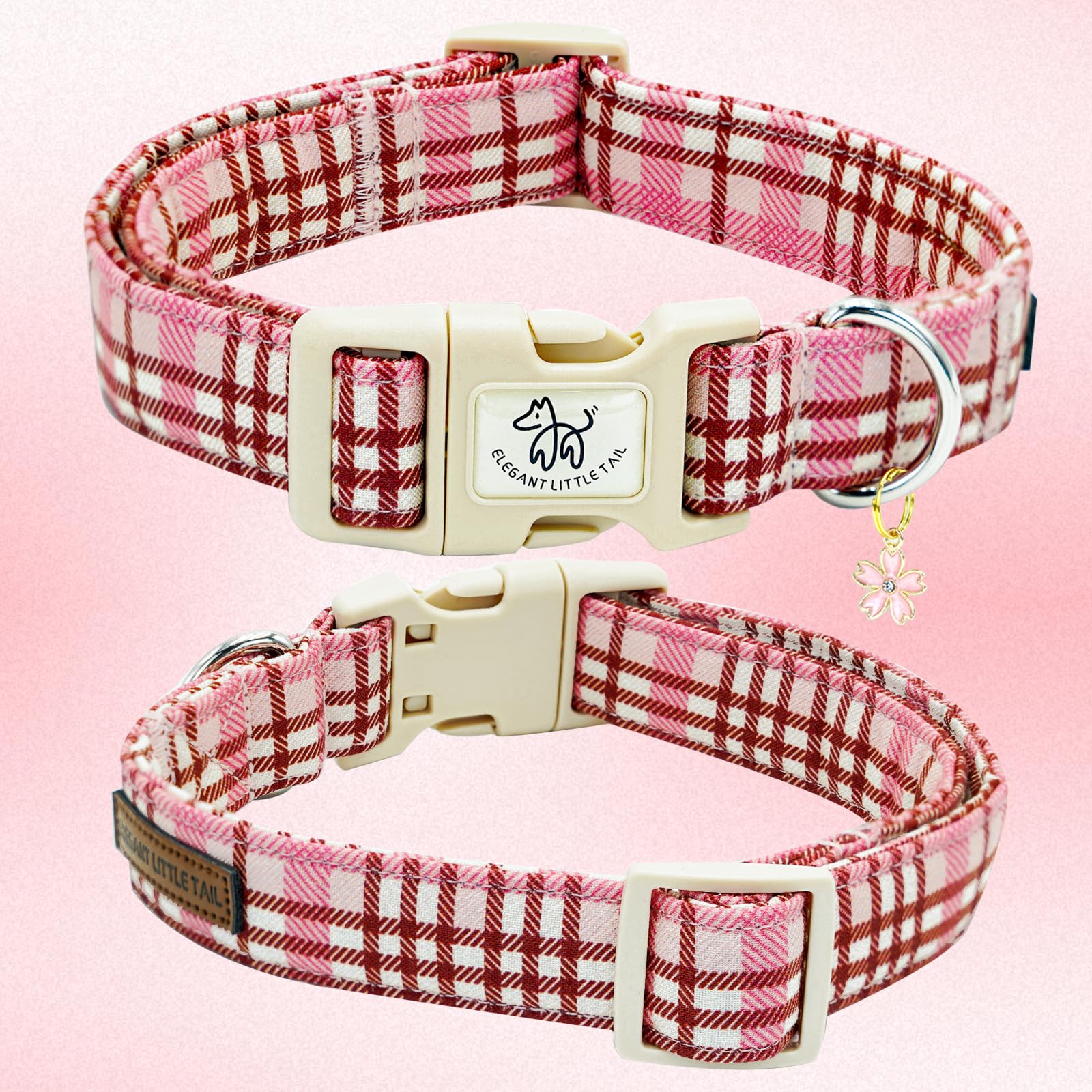 Elegant Little Tail Dog Collar-Cute Dog Pet Collars Pink Plaid Print Puppy Adjustable Soft Cotton Girl Boy Collars For Small Med
