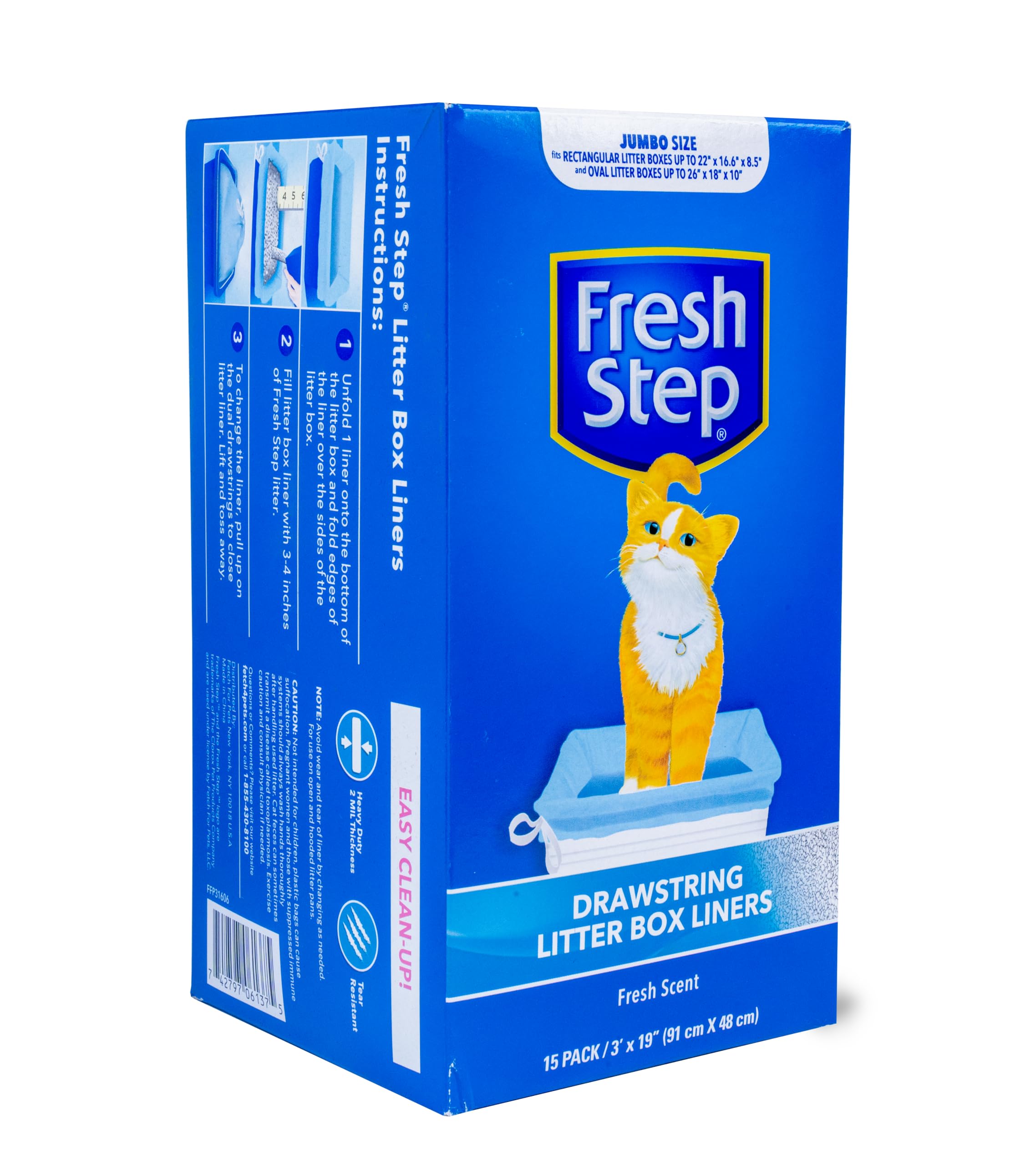 Fresh Step Drawstring Cat Litter Box Liners, Fresh Scent, Size Jumbo, 36' X 19' | Kitty Litter Bags - 15 Count - Cat Litter Liners For Rectangle Or Oval Large Litterboxes