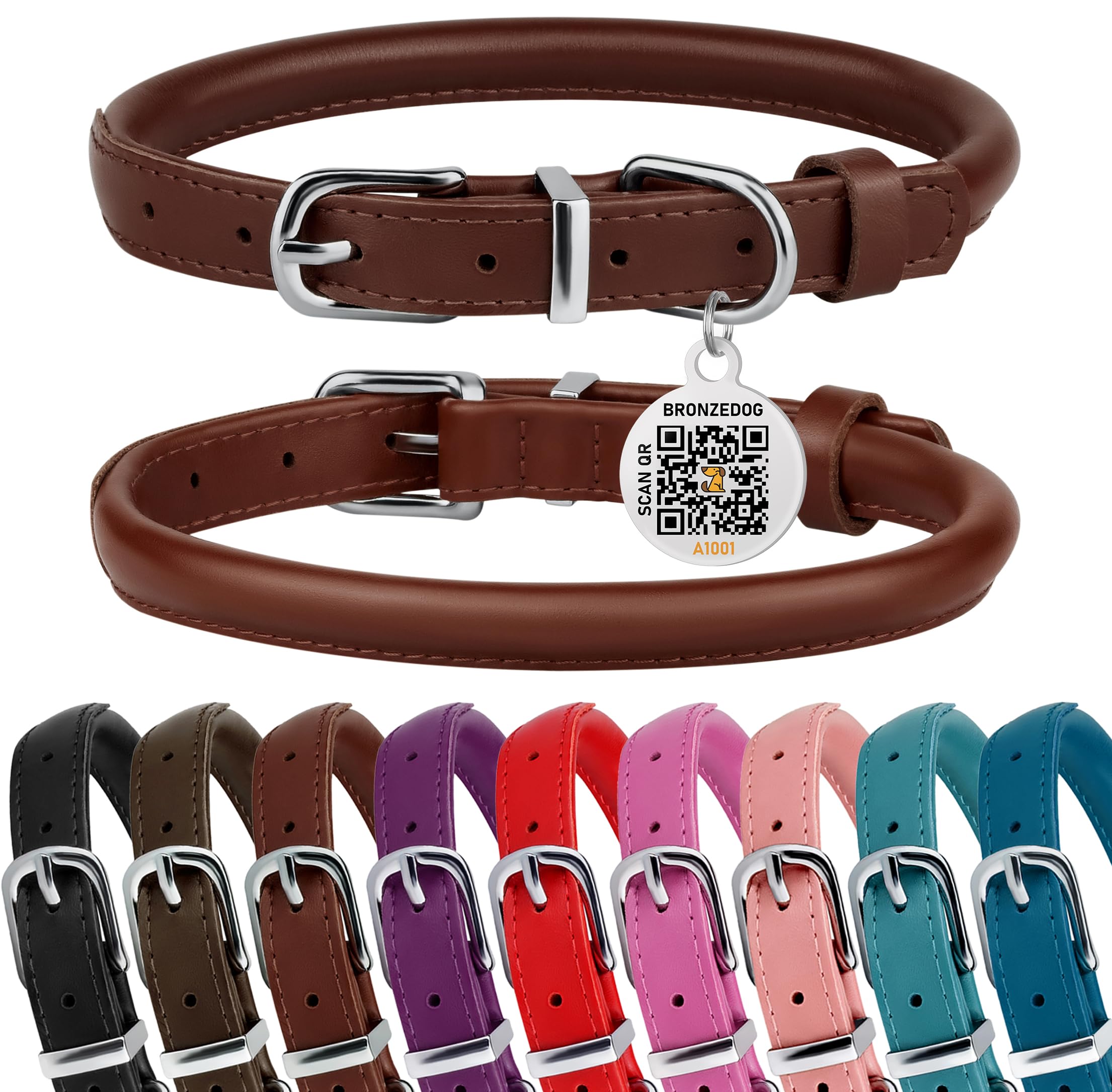 Bronzedog Rolled Leather Dog Collar For Small Medium Large Dogs With Qr Id Tag (M: 14-16 Inch, Chocolate Brown)