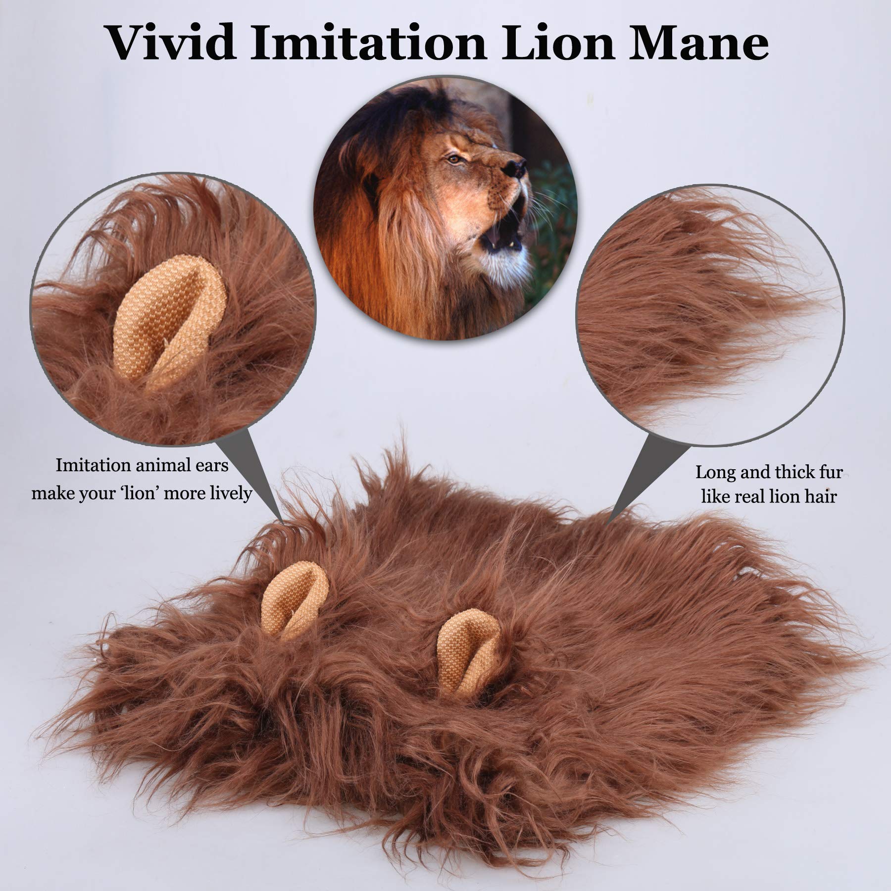 Onmygogo Lion Mane Wig For Dogs With Ears, Funny Pet Costumes For Halloween Christmas (Size L, Coffee)