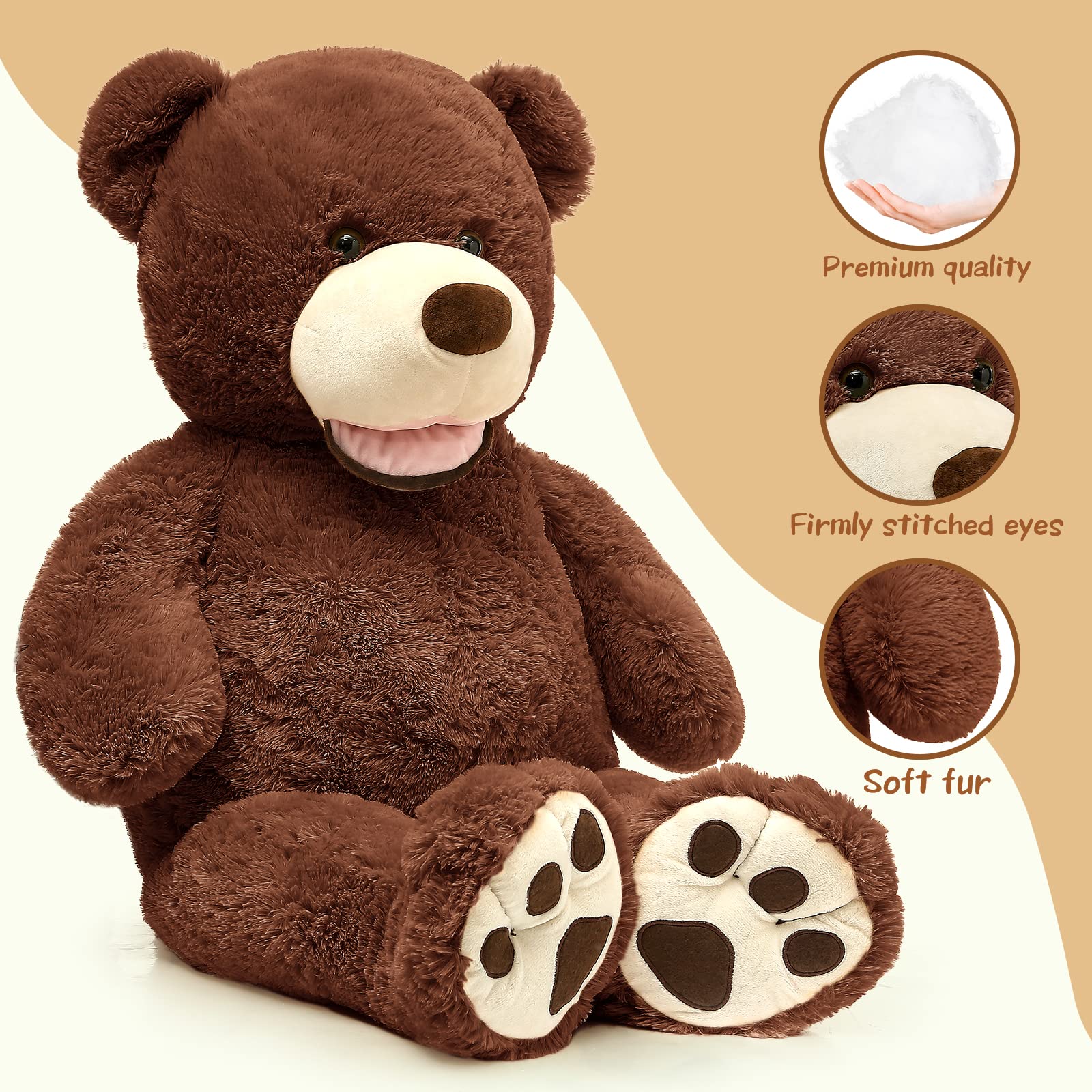 MorisMos Giant Teddy Bear Plush - Dark Brown 39" Stuffed Animal with Big Footprints for Boys and Children
