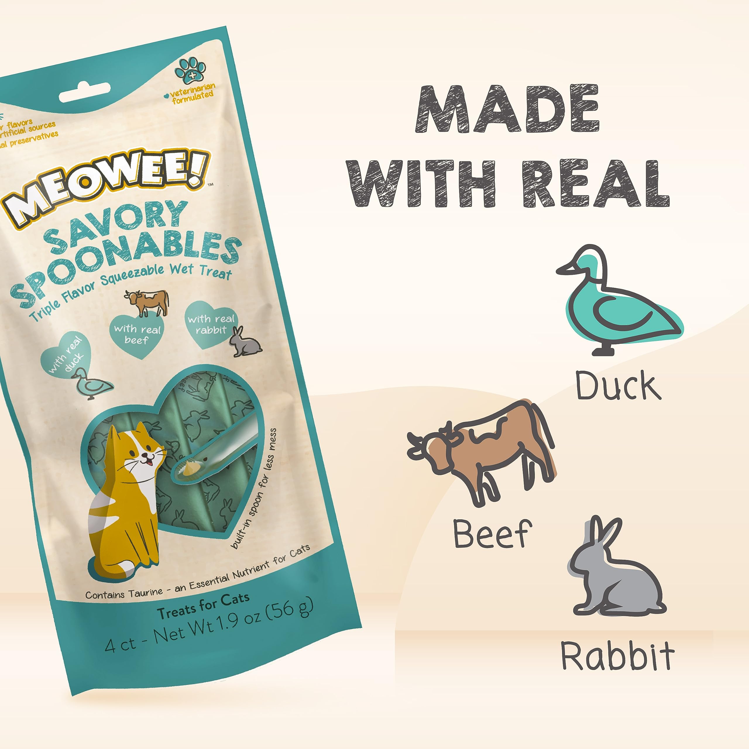 MEOWEE! Savory Spoonables with Real Duck, Beef & Rabbit, 4 Count Tube, Triple Flavor Squeezable Lickable Wet Treats for Cats wit