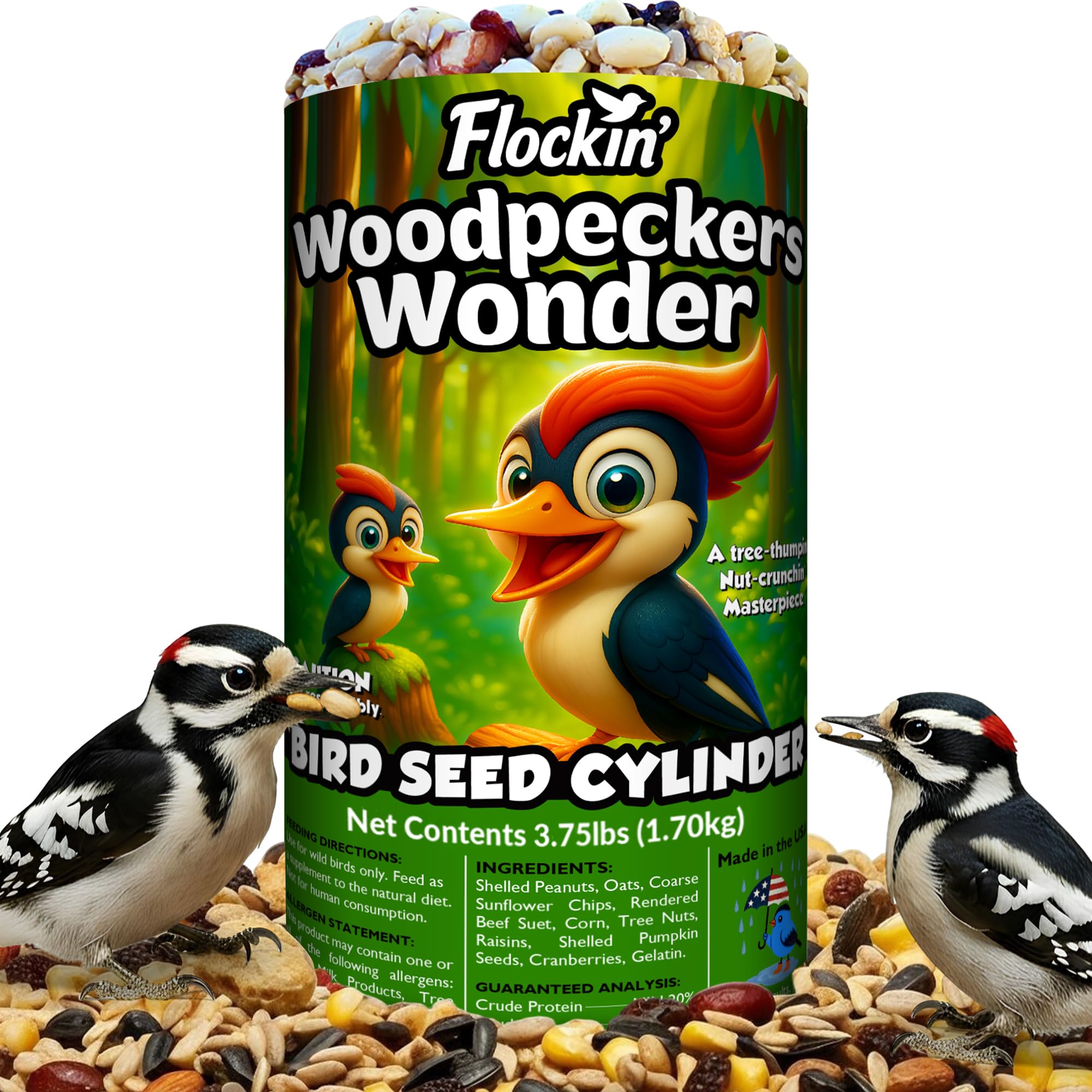 Woodpecker Bird Seed Cylinders with Hole - Premium Woodpecker Food Blend with Sunflower Chips, Peanuts & Suet - Natural High Ene