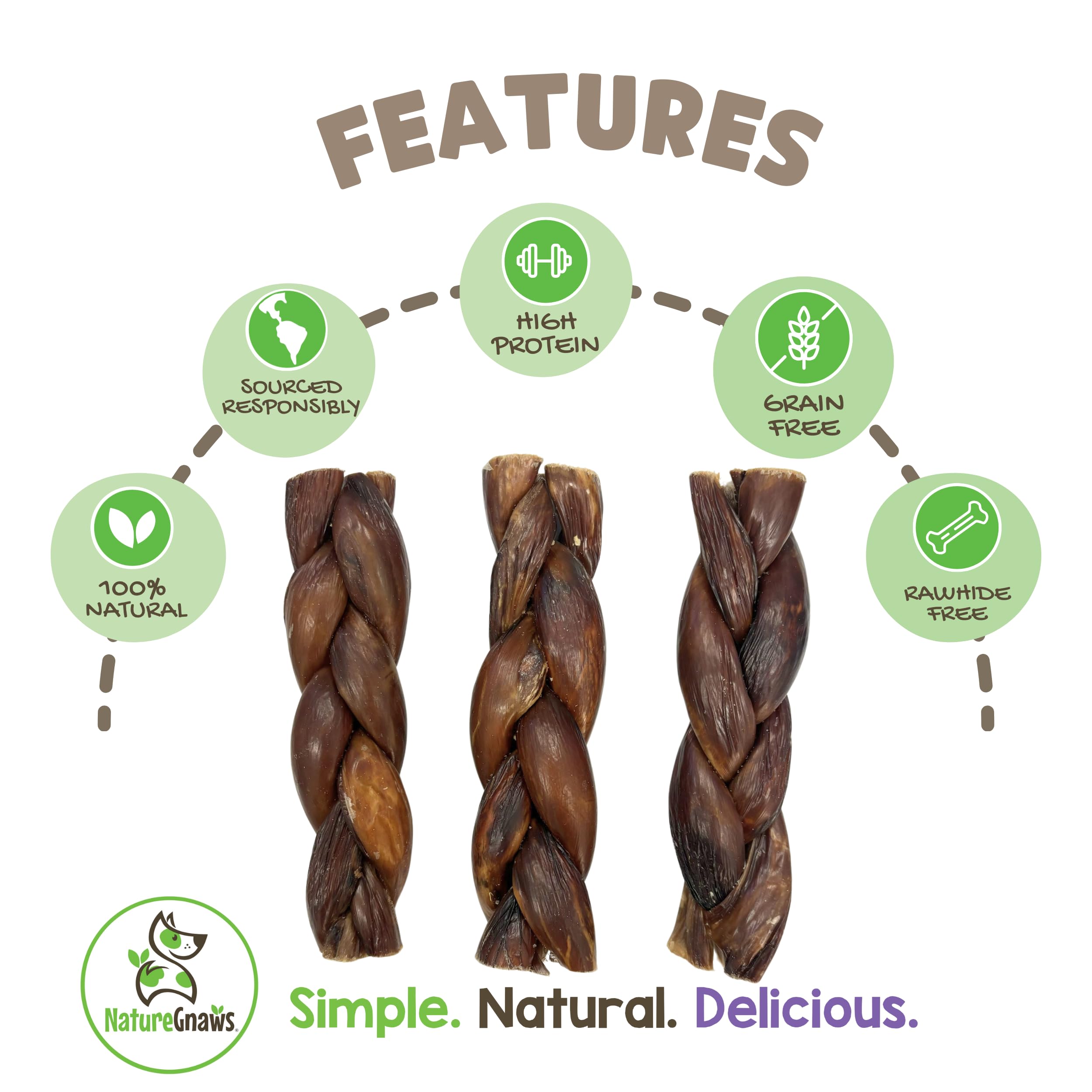 Nature Gnaws Braided Beef Chews for Dogs 5-6 (3 Count) - Long Lasting for Small and Medium Dogs - Natural Beef Gullet Jerky Dog