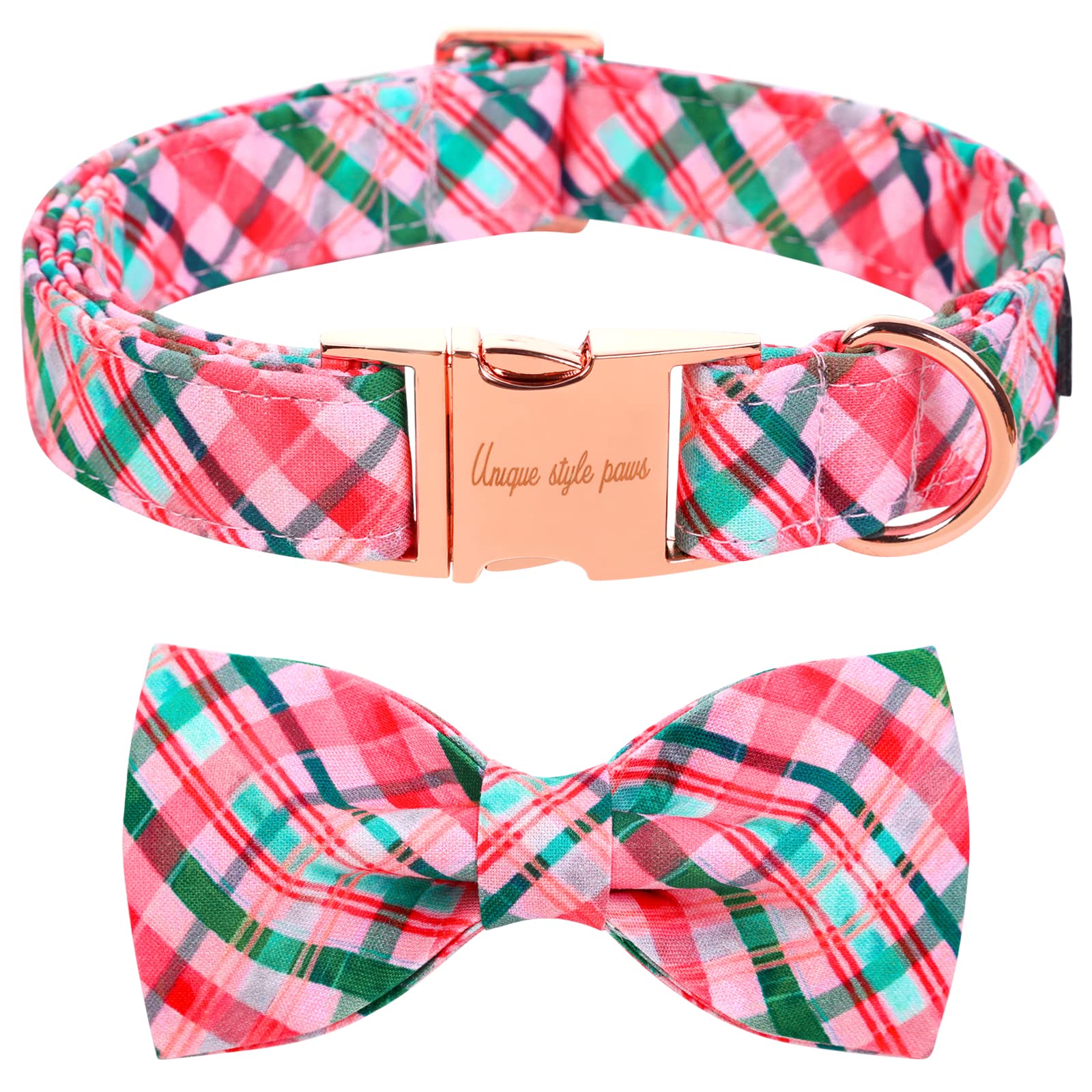 Unique Style Paws Dog Collar With Bow Pink & Green Plaid Dog Collar Best Gifts For Small Medium Large Dogs -L