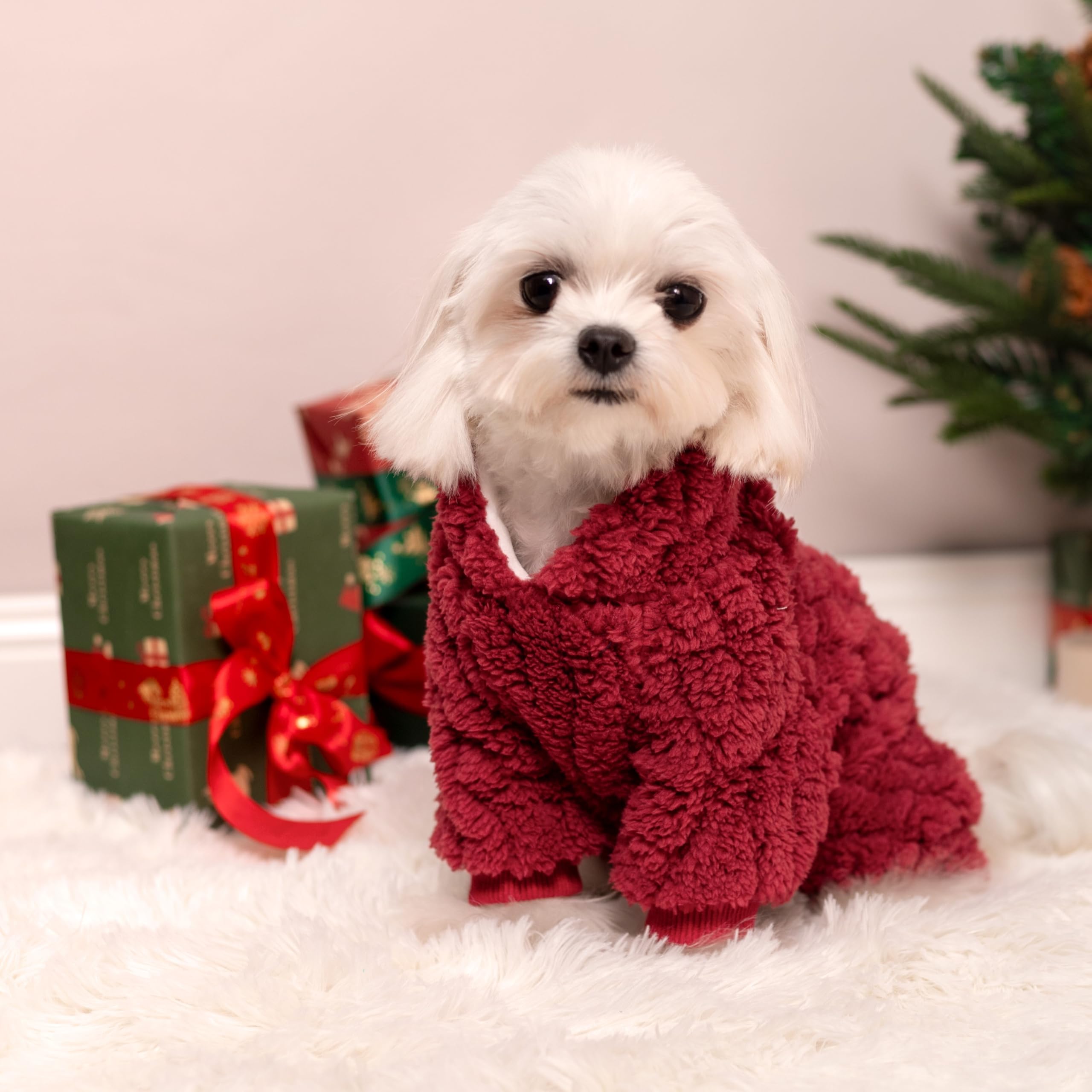 Fitwarm Turtleneck Fleece Dog Sweater Pajamas, Warm Winter Dog Clothes For Small Dogs Boy Girl, Fuzzy Pet Onesie With Feet, Red,