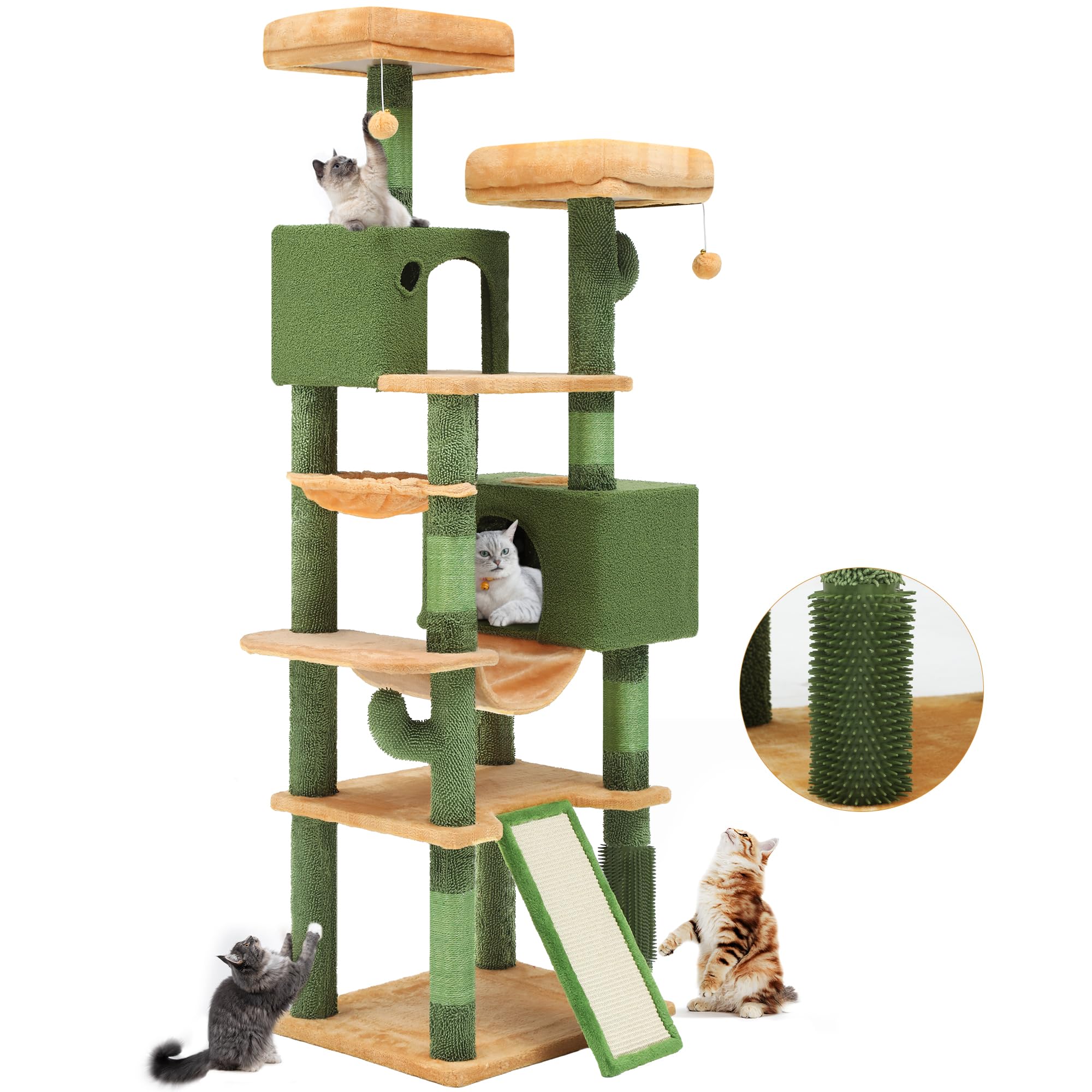 Yitahome 76In Tall Cactus Cat Tree Tower With Self-Grooming Brush, Cute Cat Climbing Tower For Indoor Cats With Cat Condo, Plush