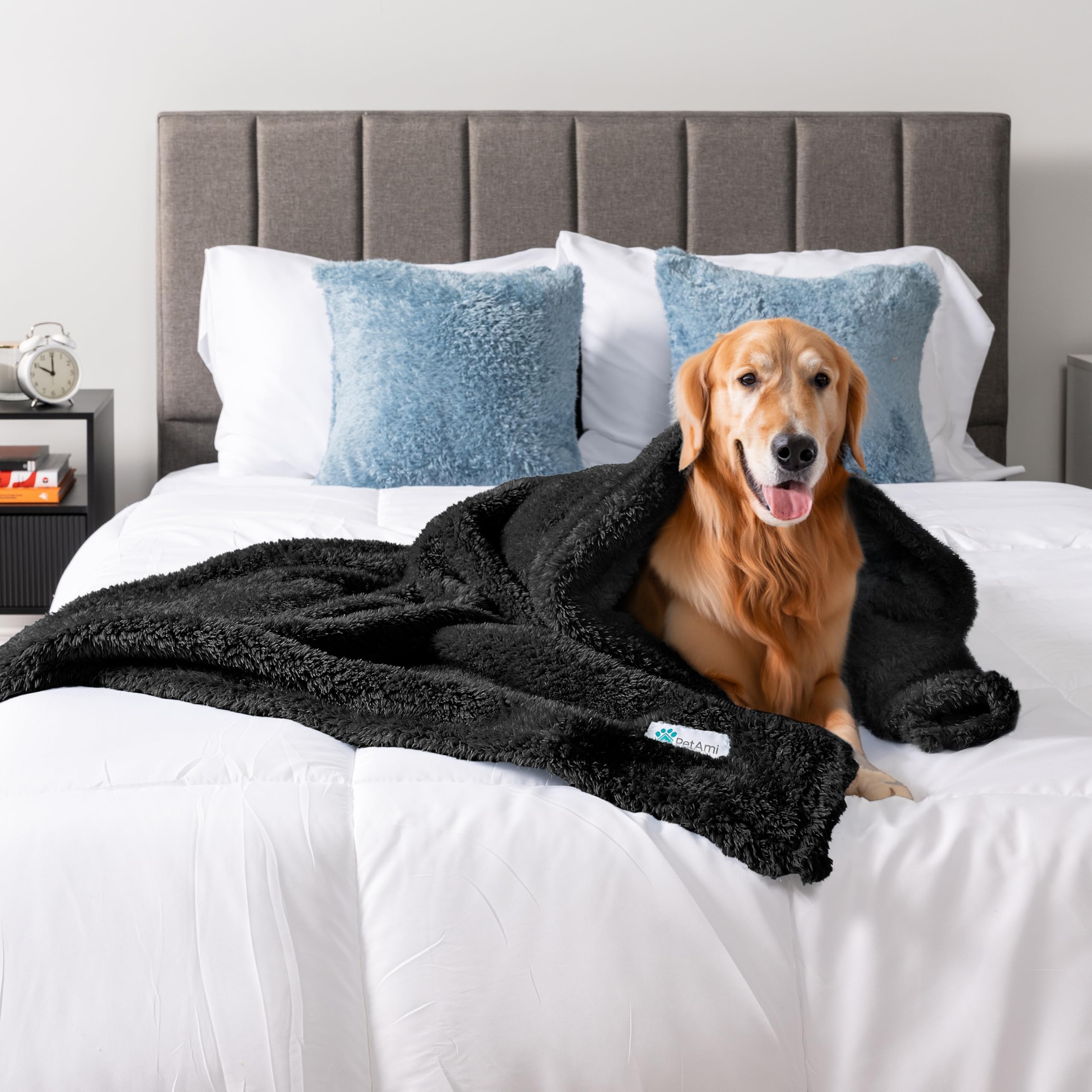 Petami Fluffy Waterproof Dog Blanket For Bed Large Dogs, Soft Warm Pet Sherpa Throw Pee Proof Couch Cover, Reversible Cat Blanket Sofa Crate Kennel Protector, Washable Mat (Black, 60X80)