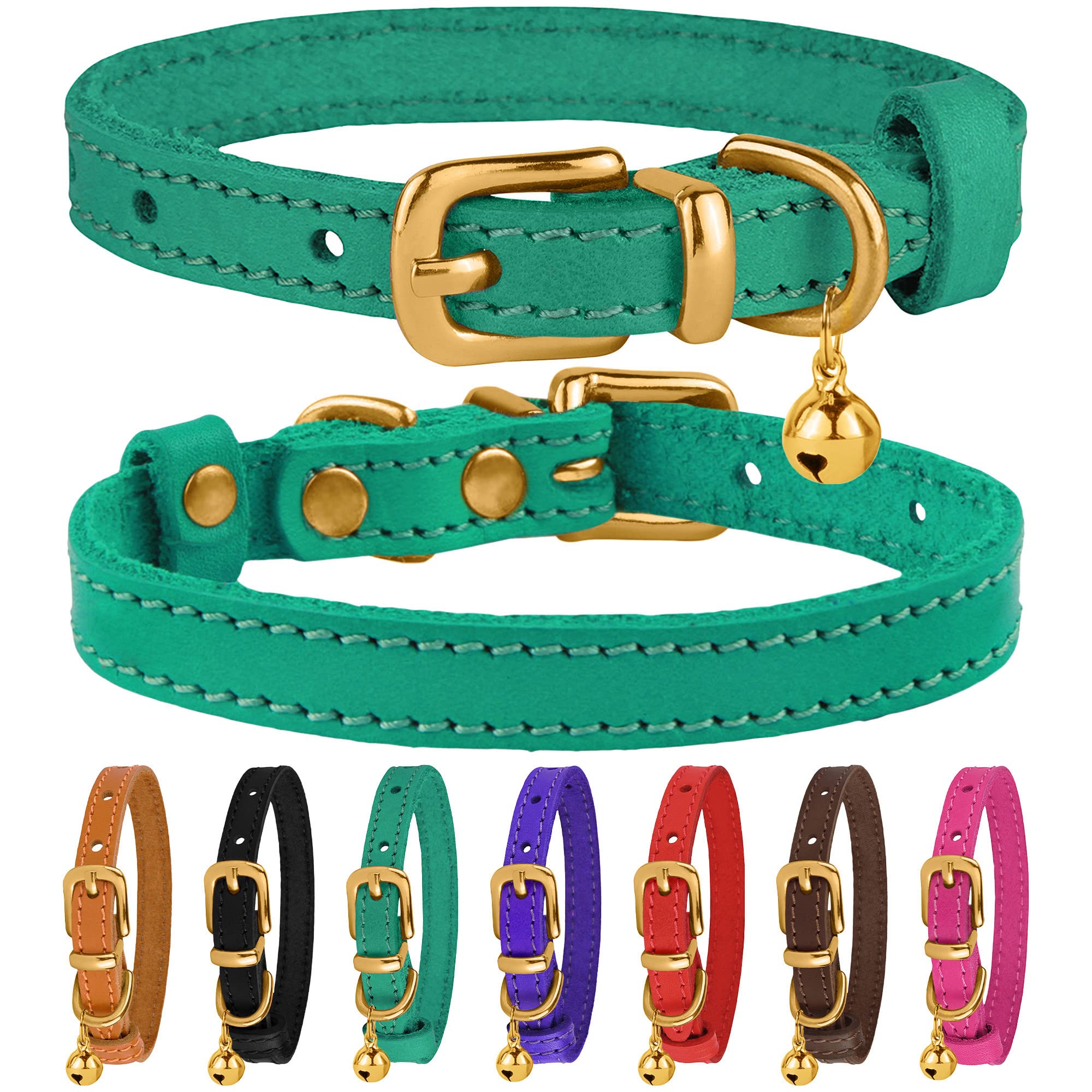 Bronzedog Leather Cat Collar With Bell Non Breakaway Kitten Qr Tag For Girl Boy (7'' - 9'' For Cats, Green & Gold)
