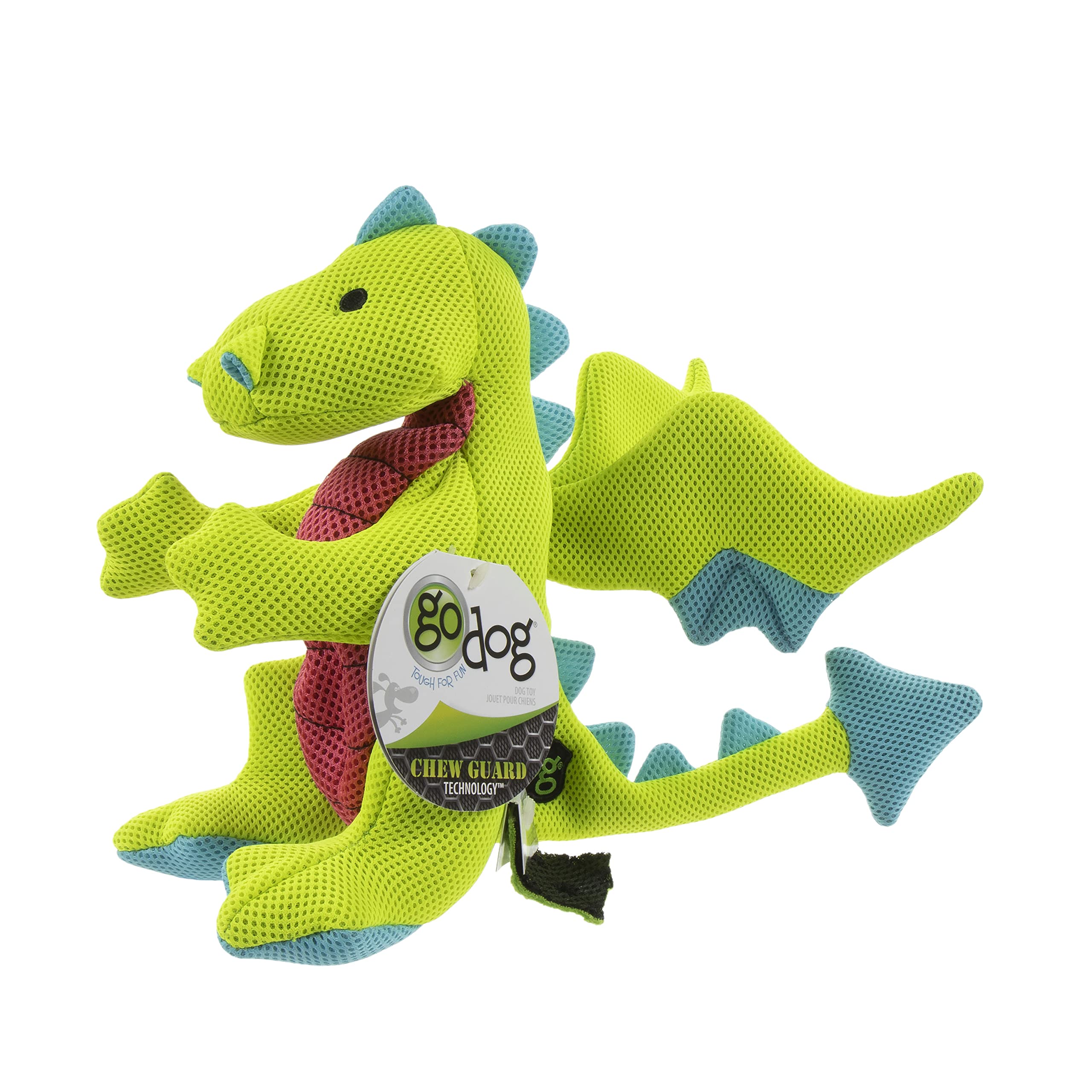 Godog Mesh Dragons Squeaky Plush Dog Toy, Double Chew Guard Technology - Green, Large
